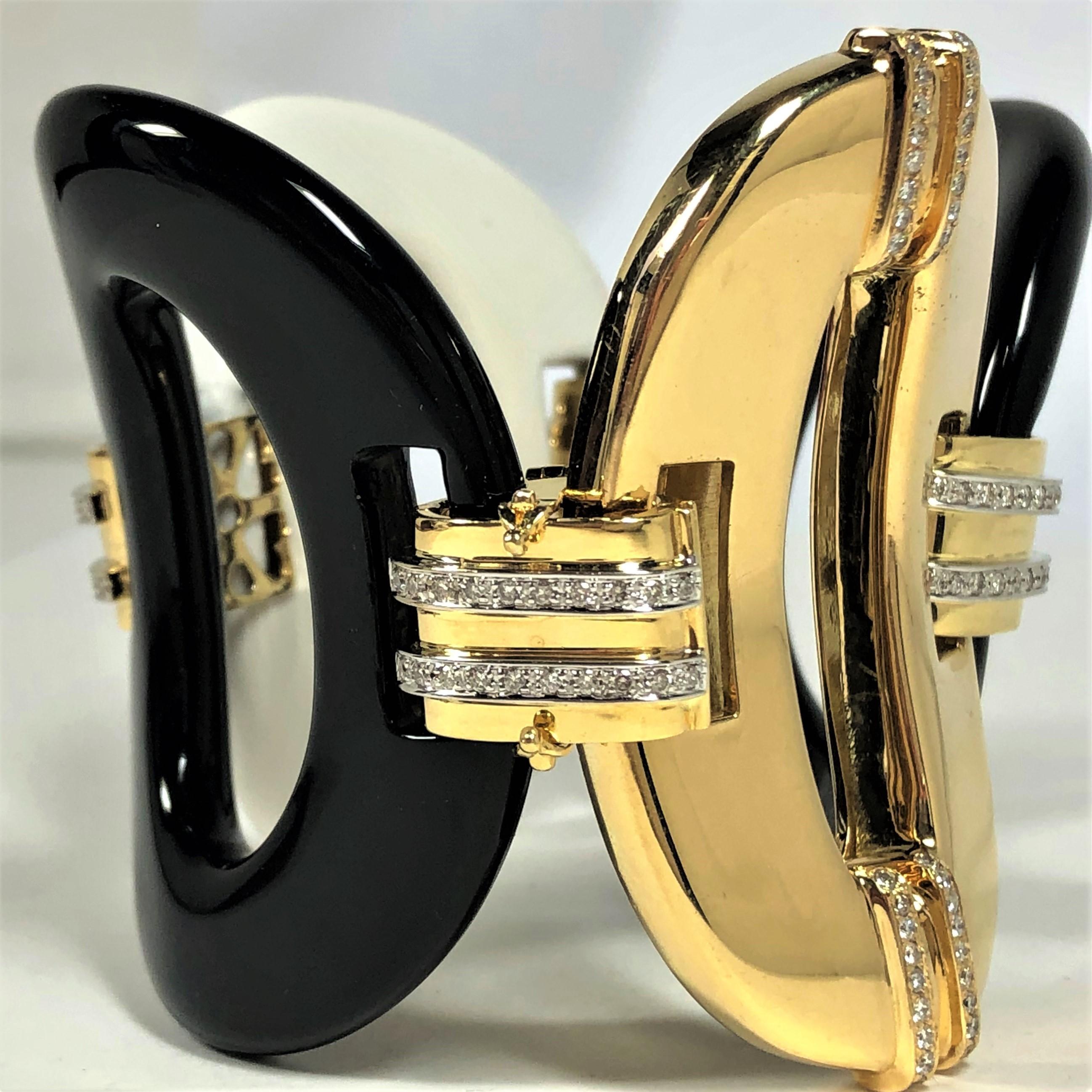 Women's Extra Large Scale Gold, Diamond, White and Black Porcelain Bracelet