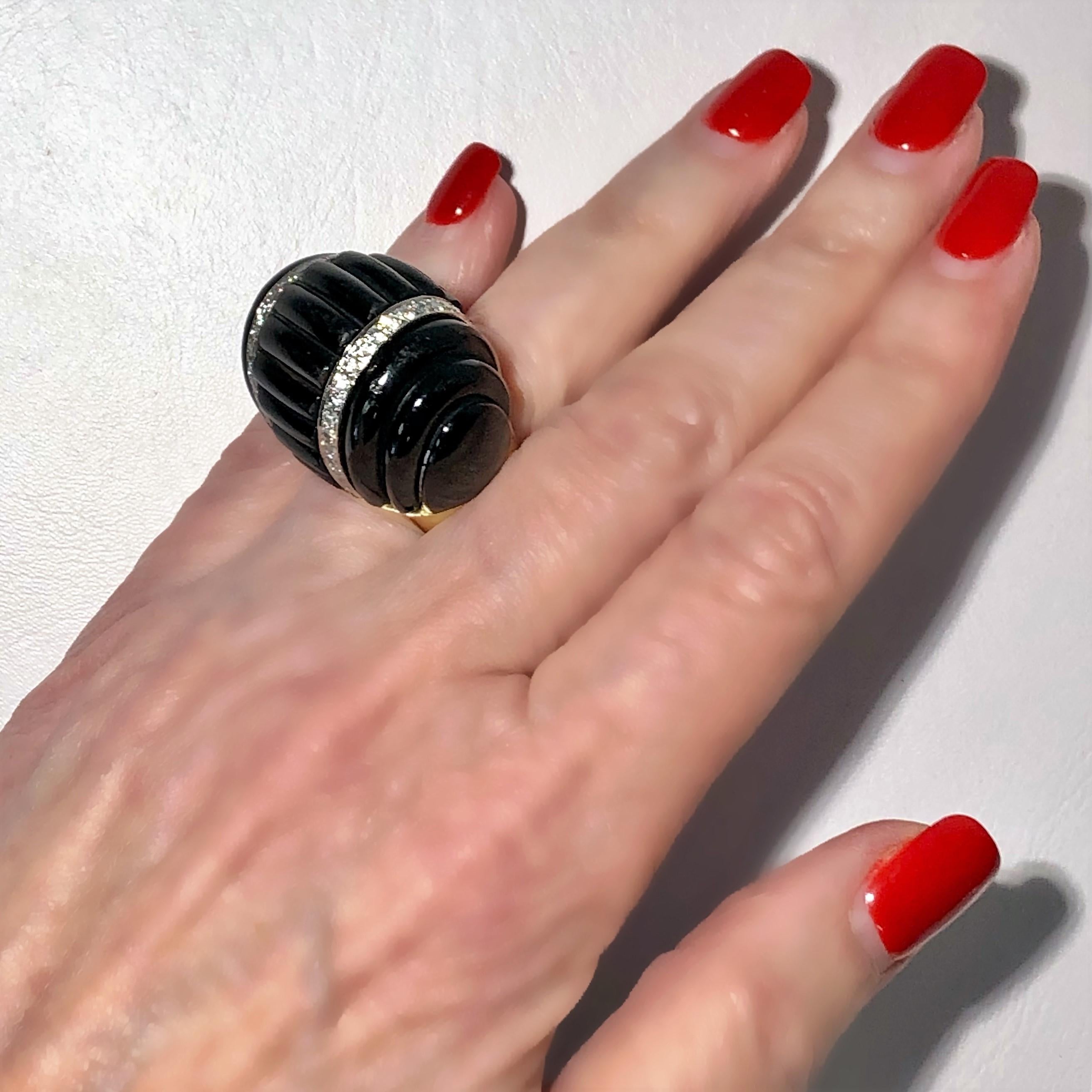 Extra Large Scale Gold, Fluted Onyx and Diamond 1970's Cocktail Ring 4