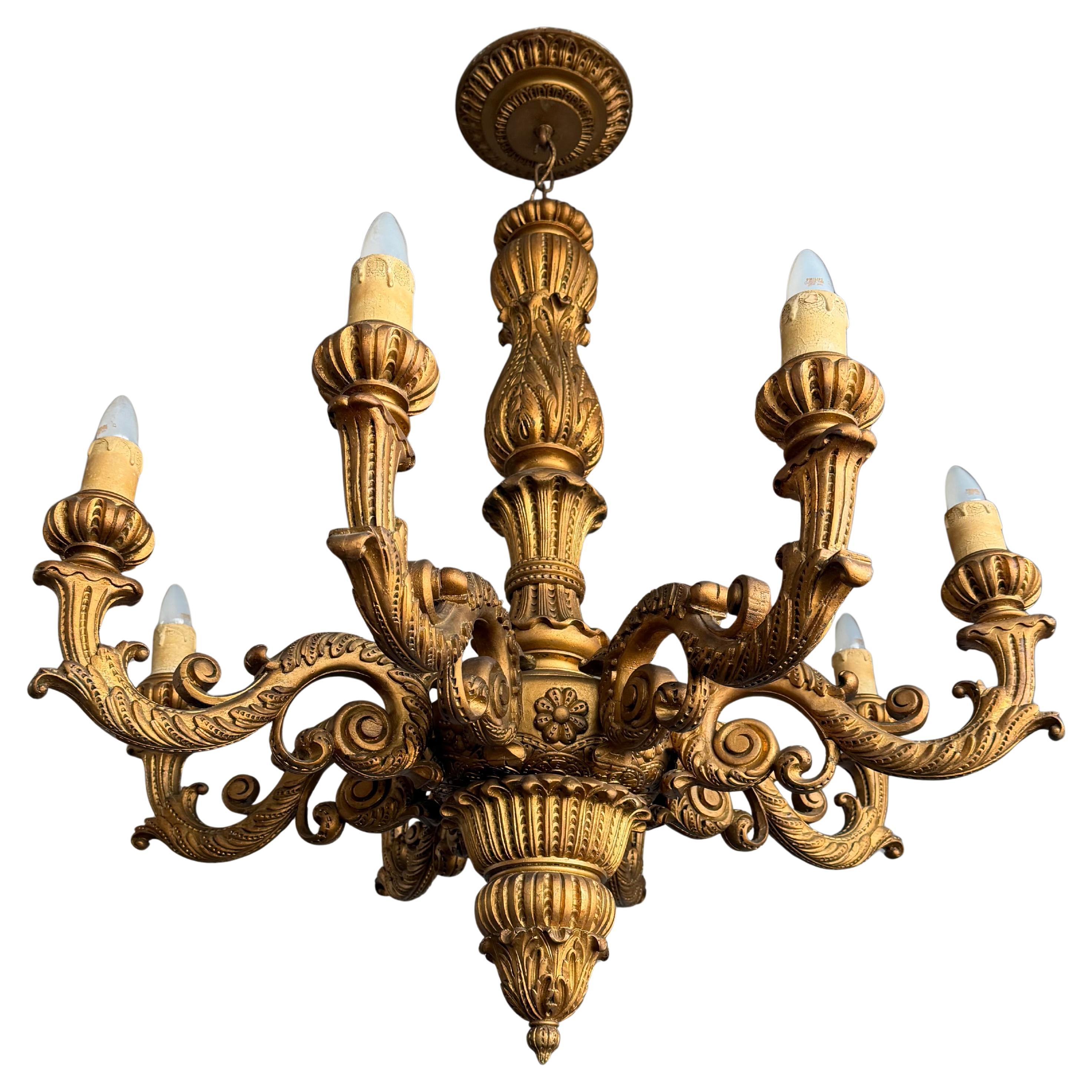 Extra Large Sculptural Giltwood Chandelier, 8-Light, Baroque Revival, circa 1920