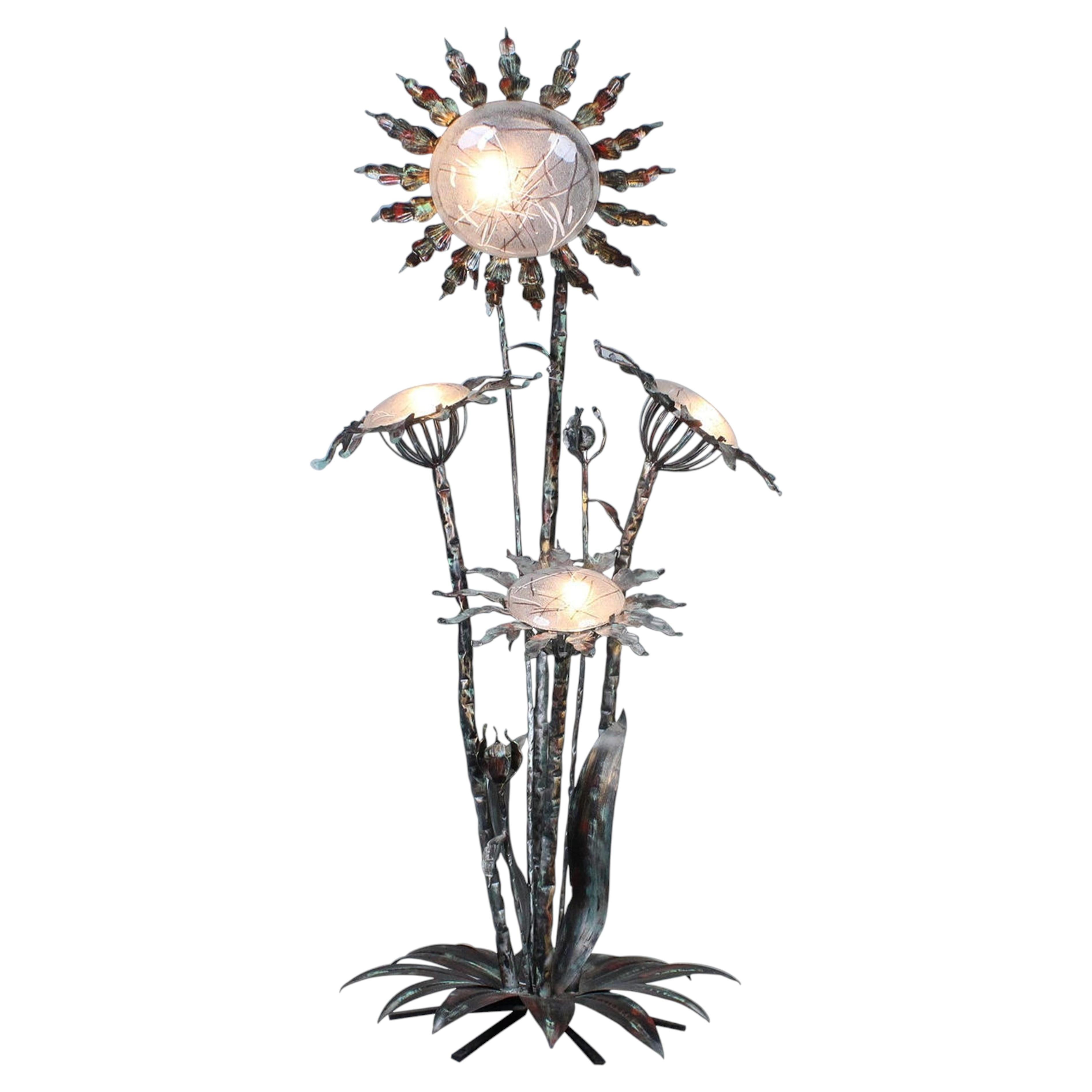 Extra Large Sculptural Wrought Iron Floor Lamp with Frosted Glass, 1970s/80s For Sale