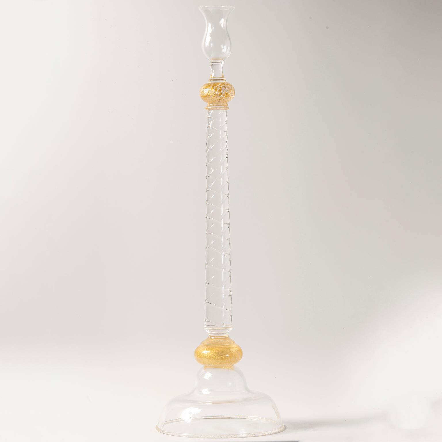 Italian Extra Large Seguso Clear and Gold Murano Glass Candleholder For Sale