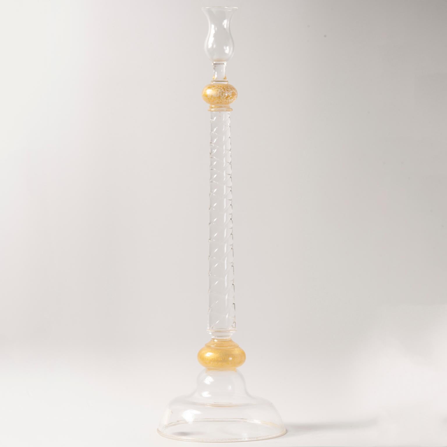 20ième siècle Très grand bougeoir en verre de Murano transparent et doré Seguso en vente
