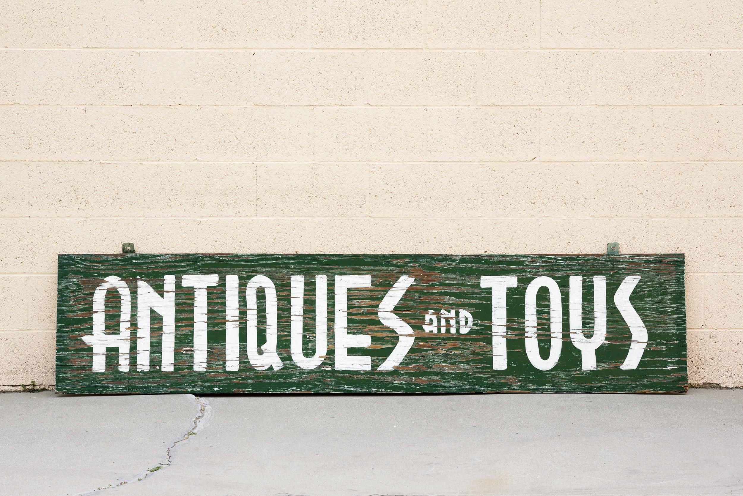 Folk Art Extra Large Sign From Antiques and Toys Storefront, Hand-Painted For Sale