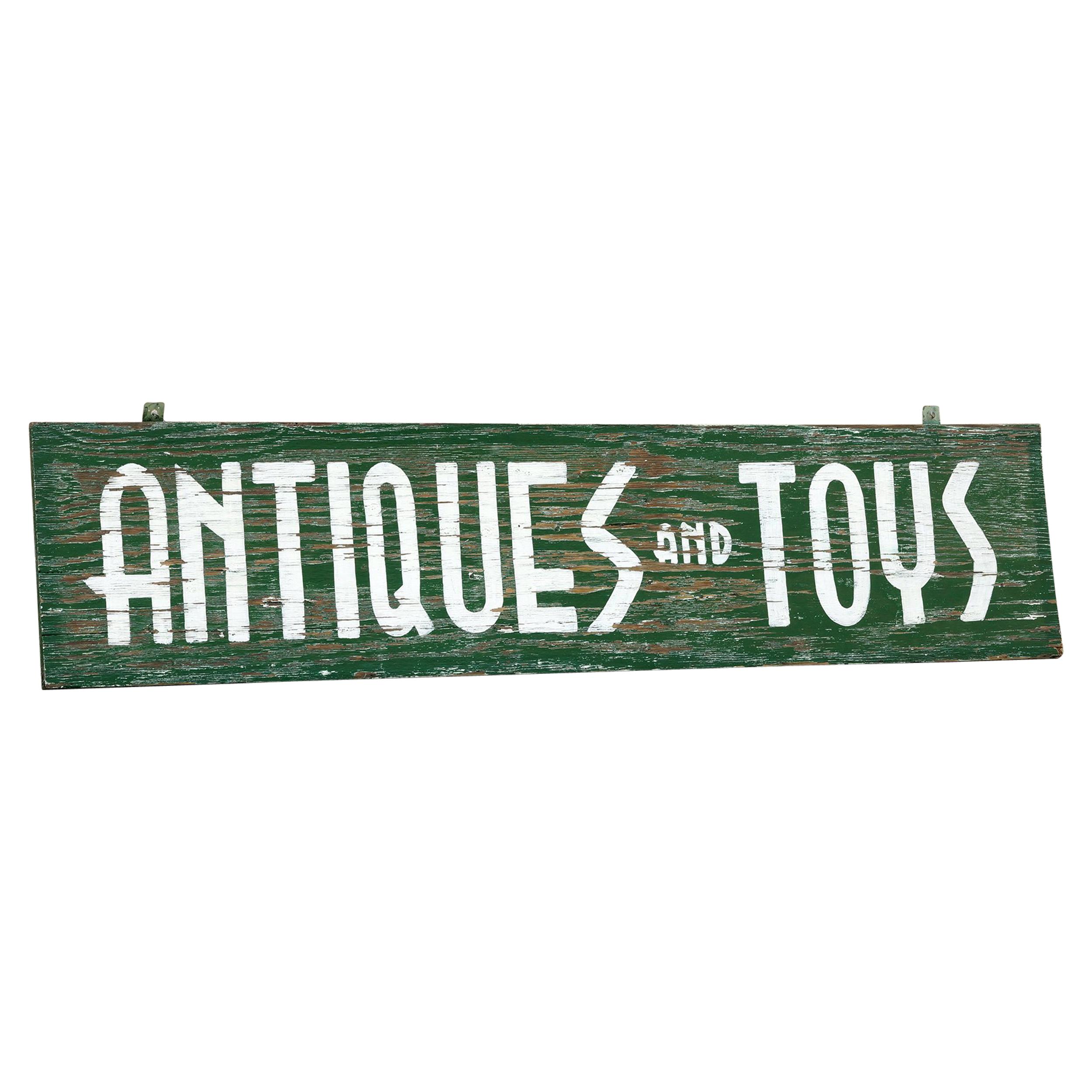 Extra Large Sign From Antiques and Toys Storefront, Hand-Painted For Sale