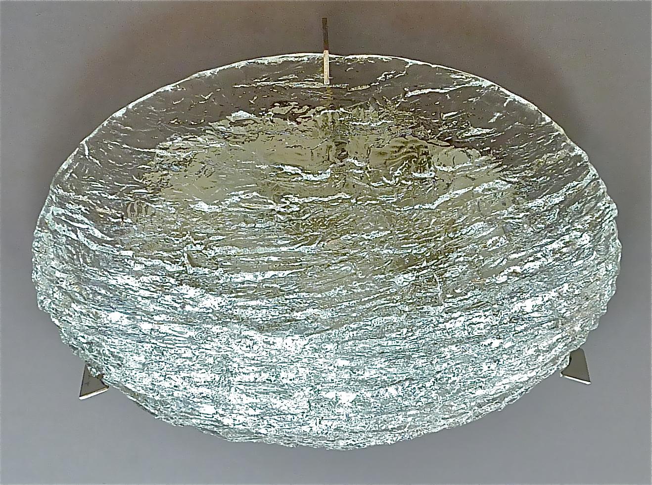 Extra Large Signed Round Kaiser Murano Ice Glass Flush Mount Lamp Silvered Brass For Sale 12