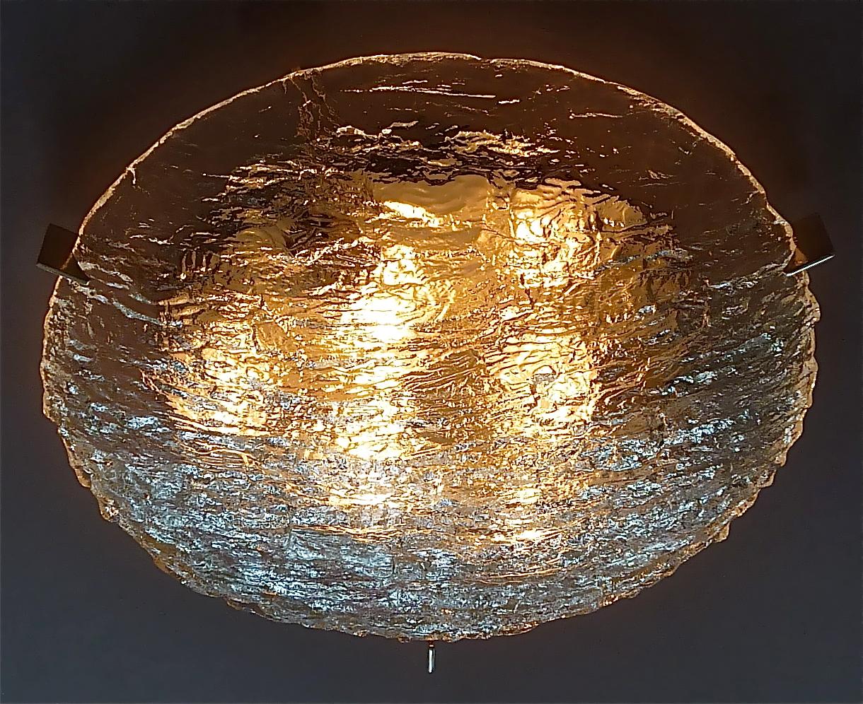 Extra Large Signed Round Kaiser Murano Ice Glass Flush Mount Lamp Silvered Brass For Sale 1