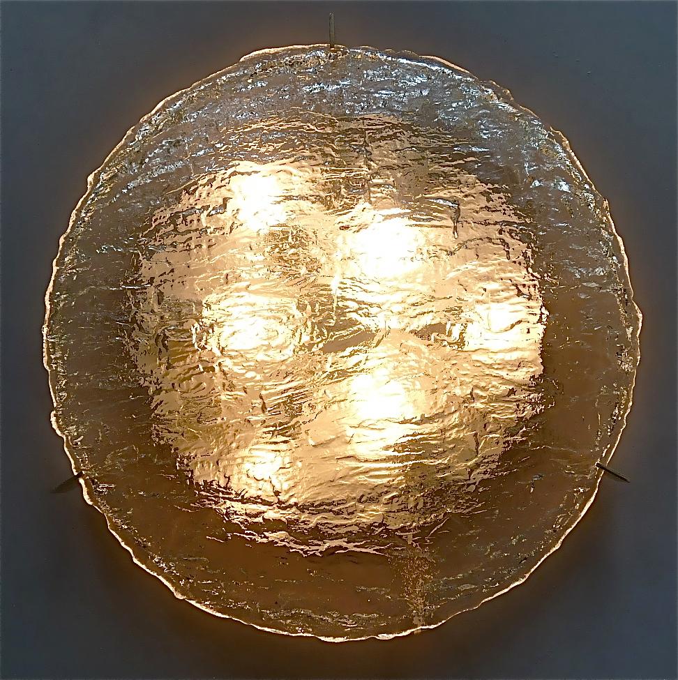 Extra Large Signed Round Kaiser Murano Ice Glass Flush Mount Lamp Silvered Brass For Sale 2