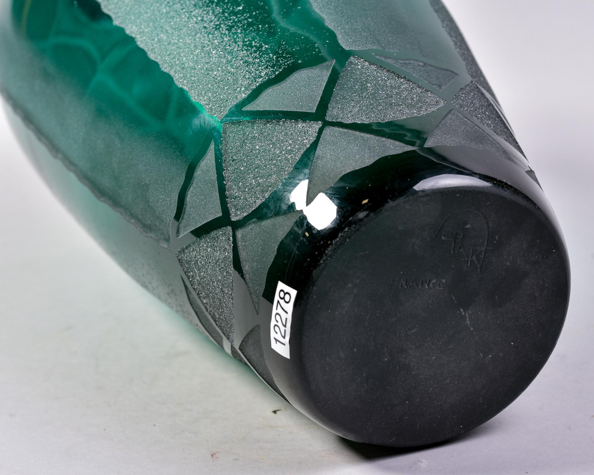 Extra Large Signed VerArt Sabino French Deco Deep Green Acid Etched Art Glass Va For Sale 7