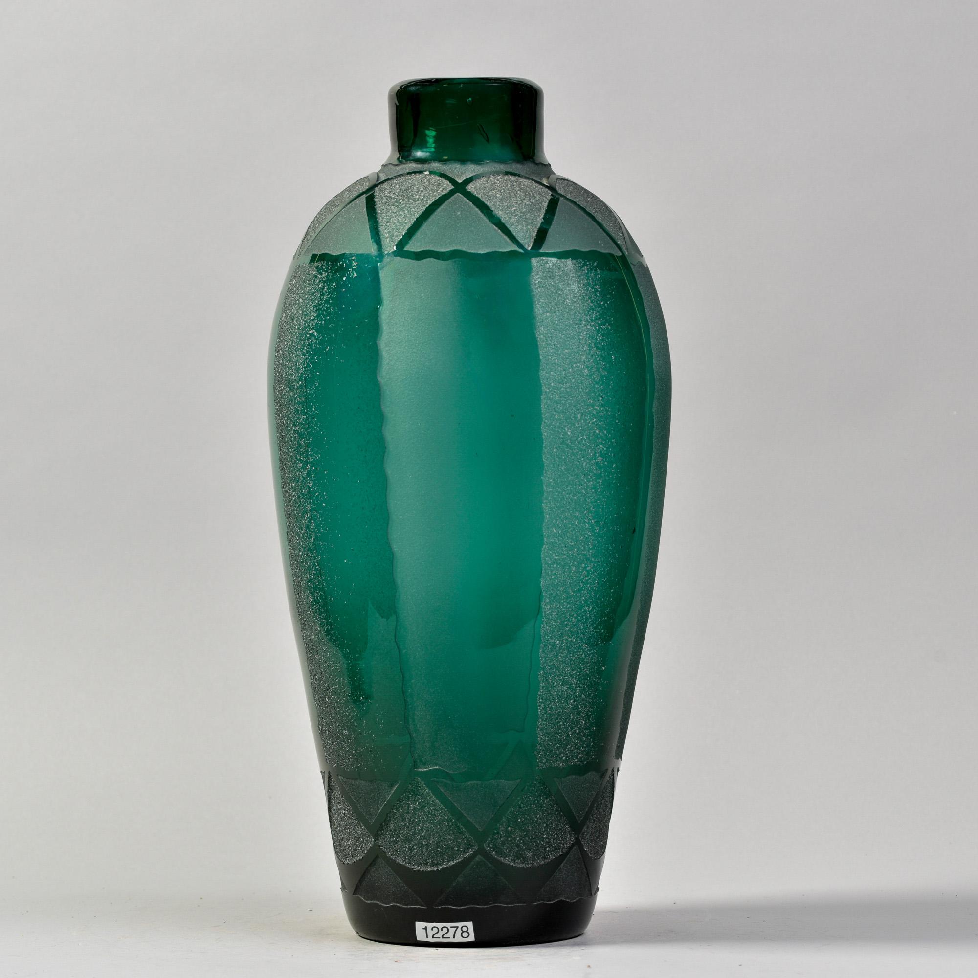 Art Deco Extra Large Signed VerArt Sabino French Deco Deep Green Acid Etched Art Glass Va For Sale