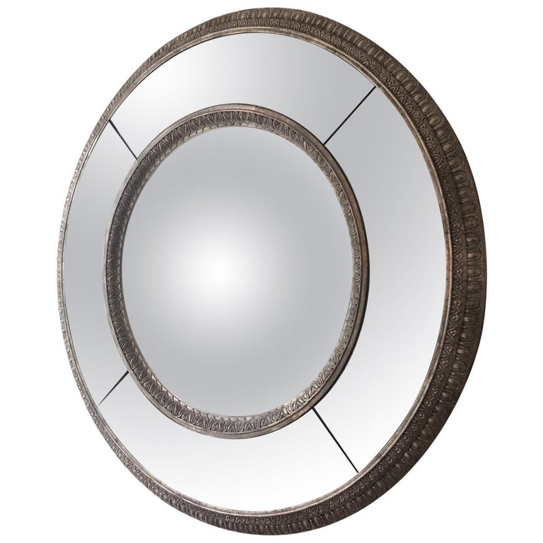 Extra Large Silver Leaf Modern Round Mirror, 20th Century For Sale at