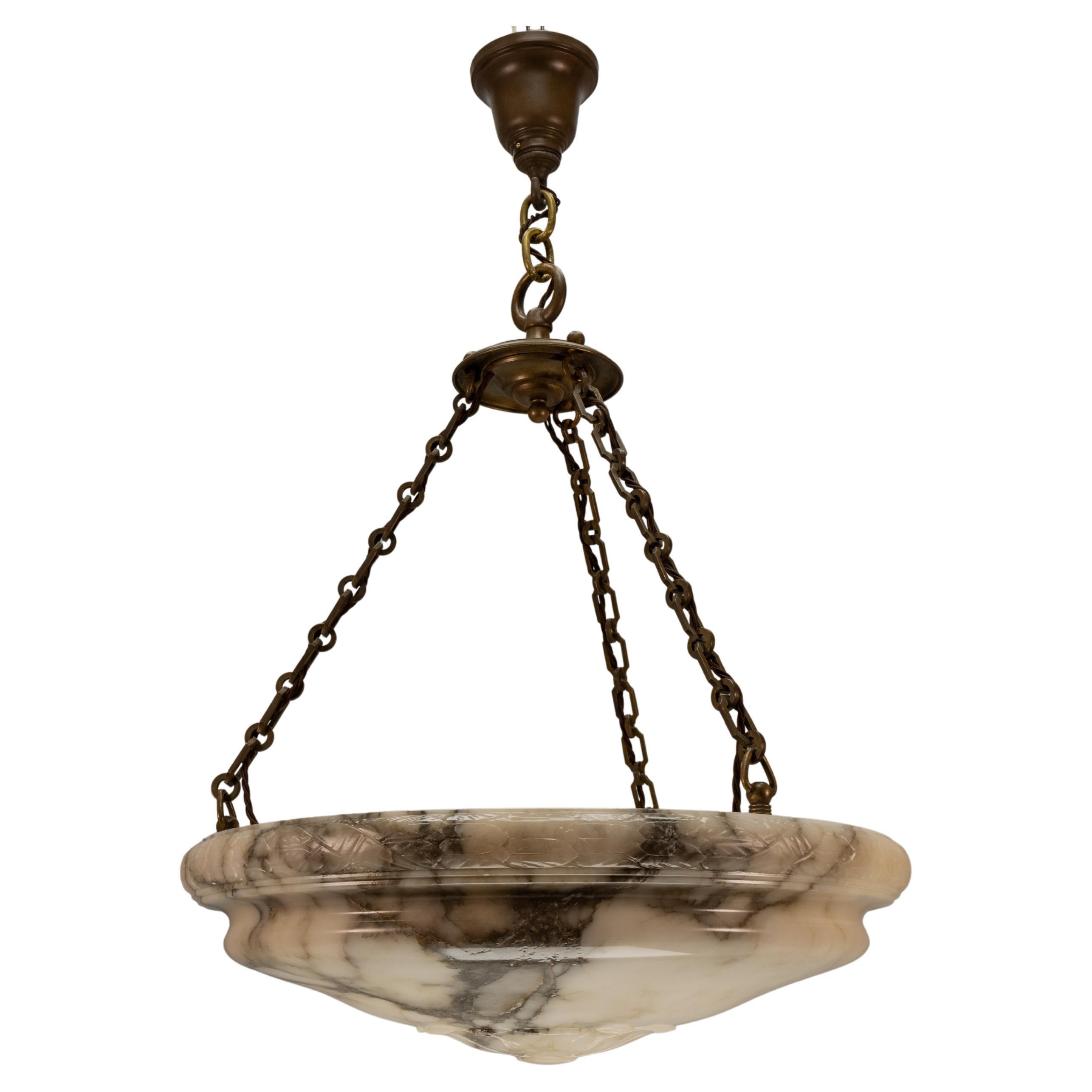 Extra Large Six-Light Art Deco Alabaster Pendant with Dark Veining, circa 1920