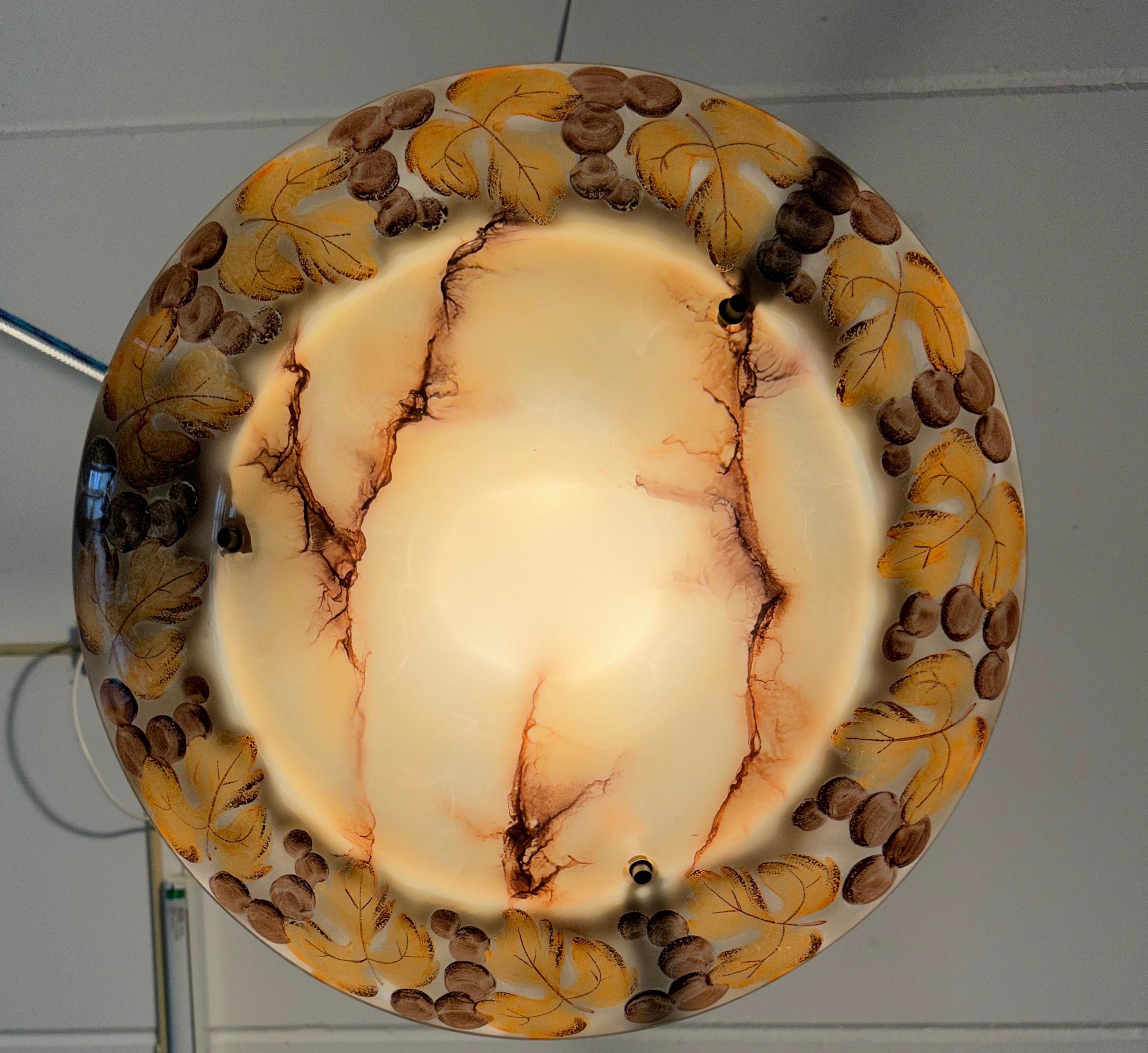 Extra Large Size Art Deco Painted Plums, Marble-Like Glass Pendant / Flush Mount For Sale 12