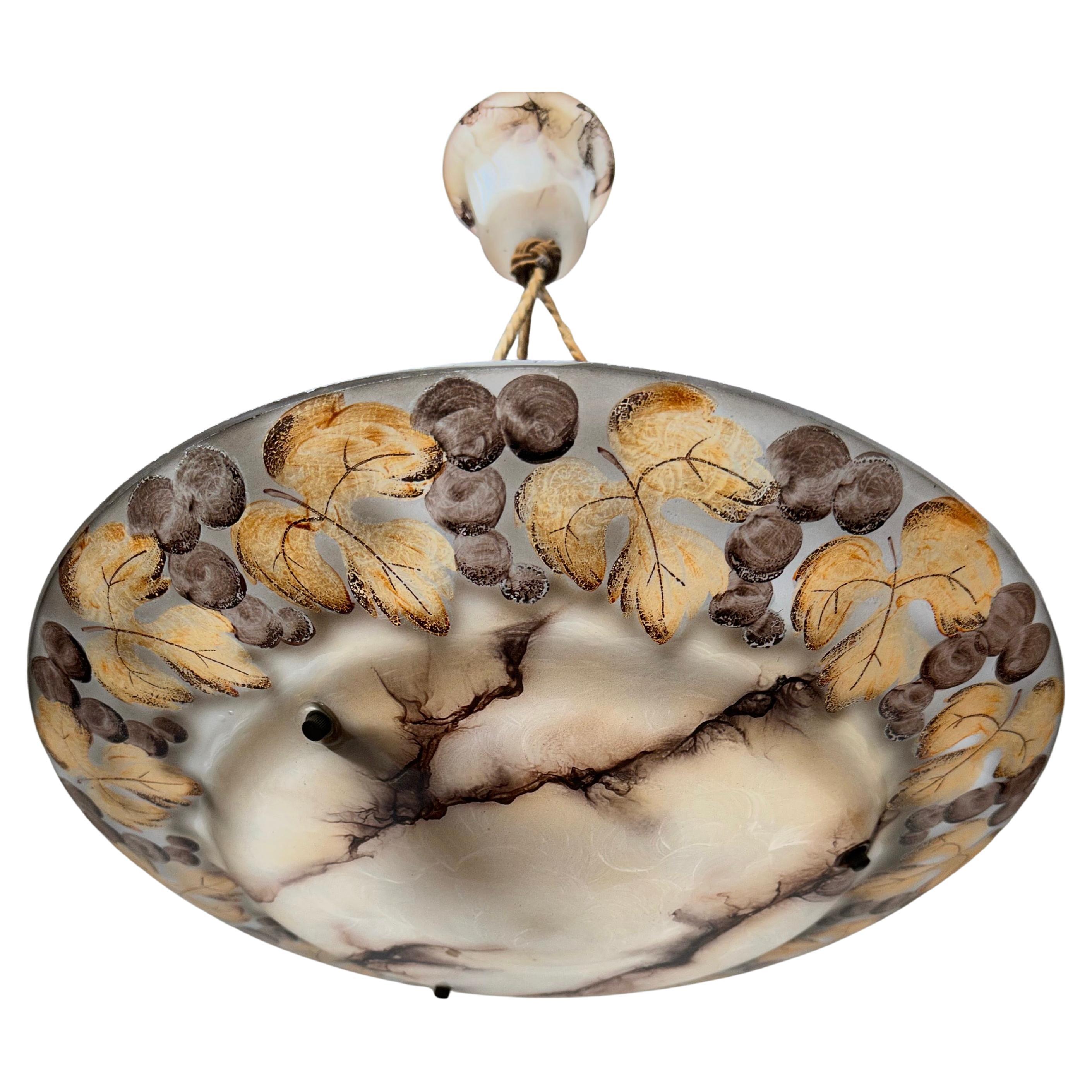 Extra Large Size Art Deco Painted Plums, Marble-Like Glass Pendant / Flush Mount For Sale