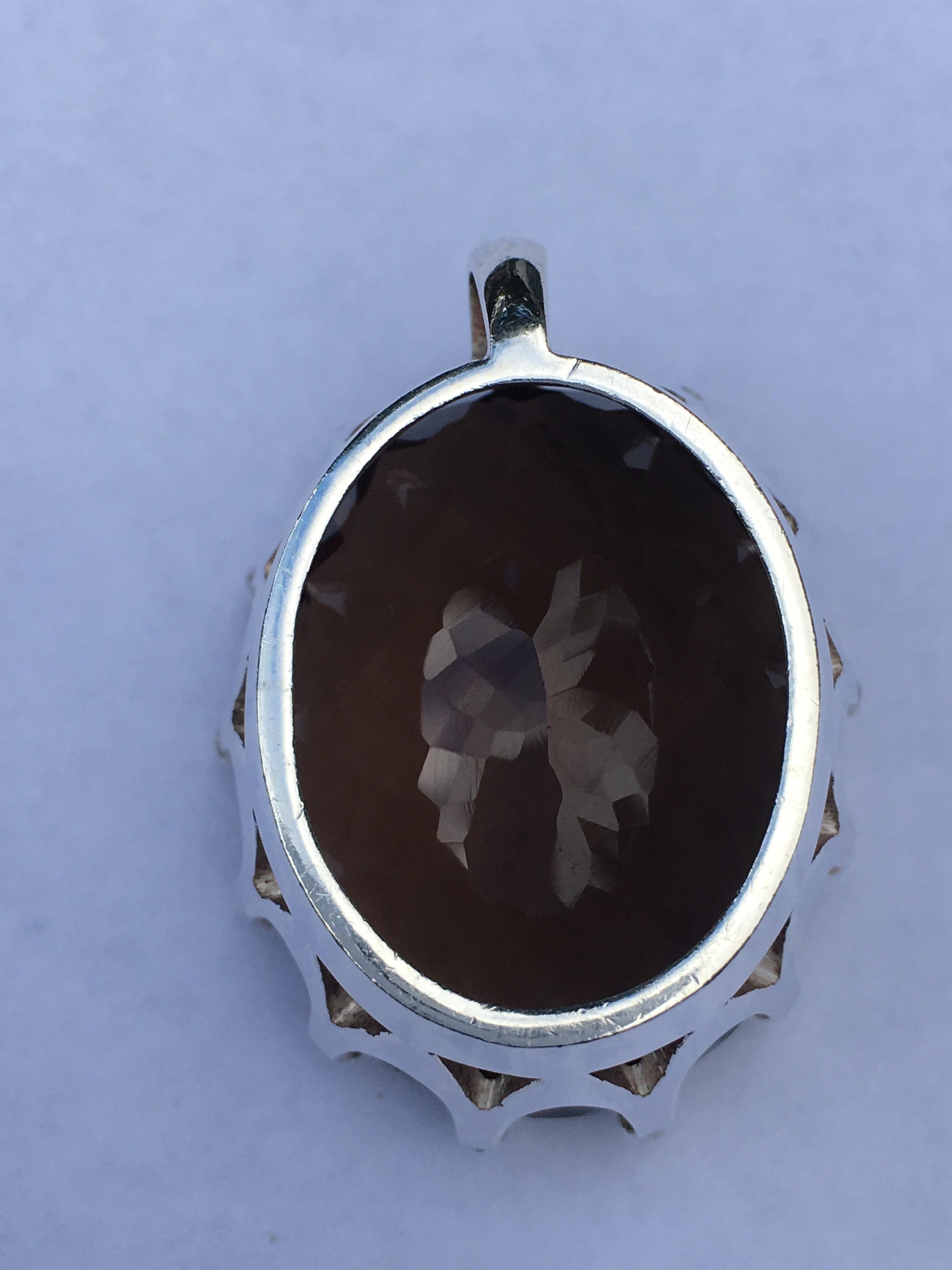 Oval Cut Extra large Smokey Quartz Crown Pendant Set in Sterling For Sale