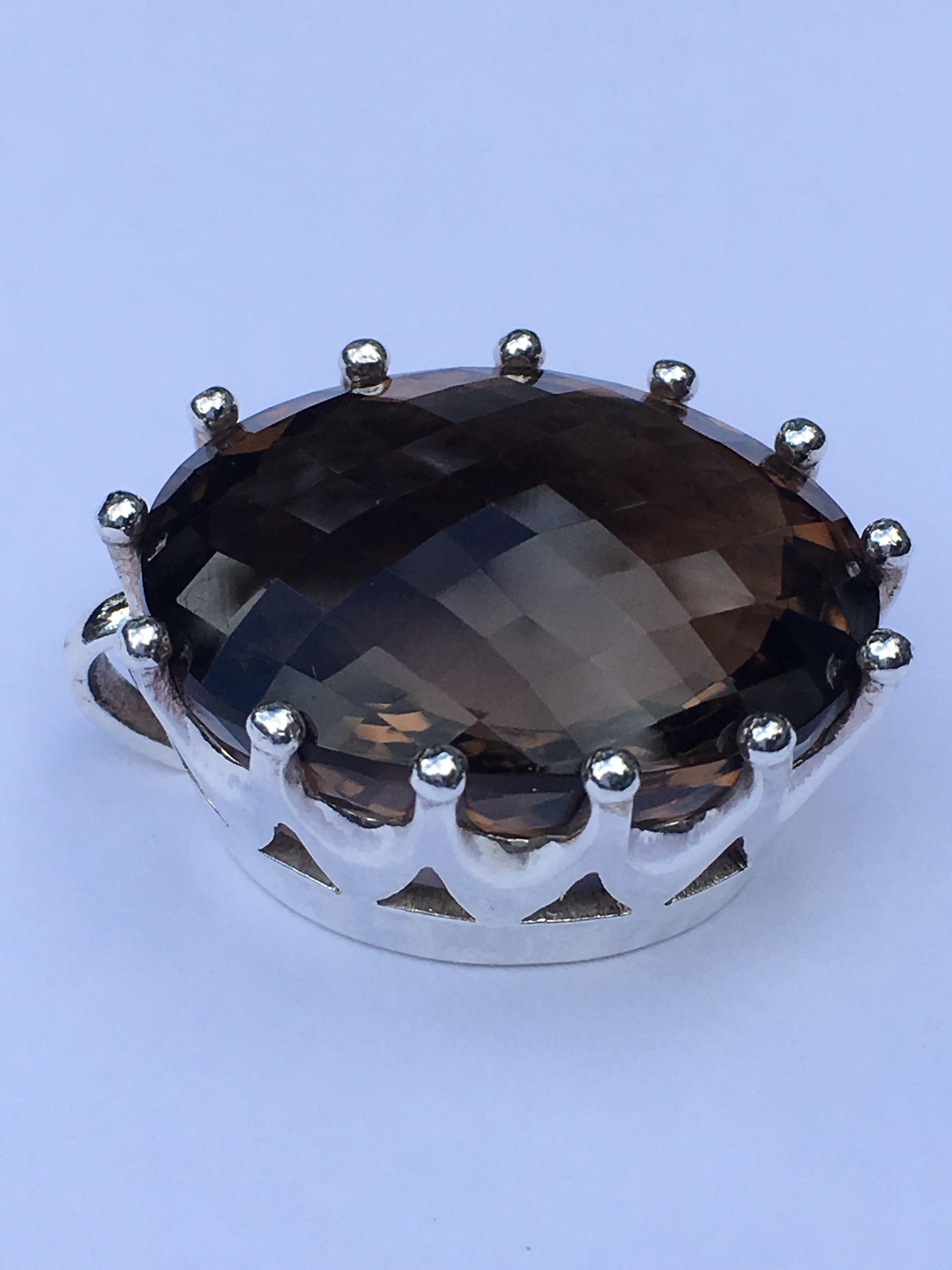 Extra large Smokey Quartz Crown Pendant Set in Sterling For Sale 1
