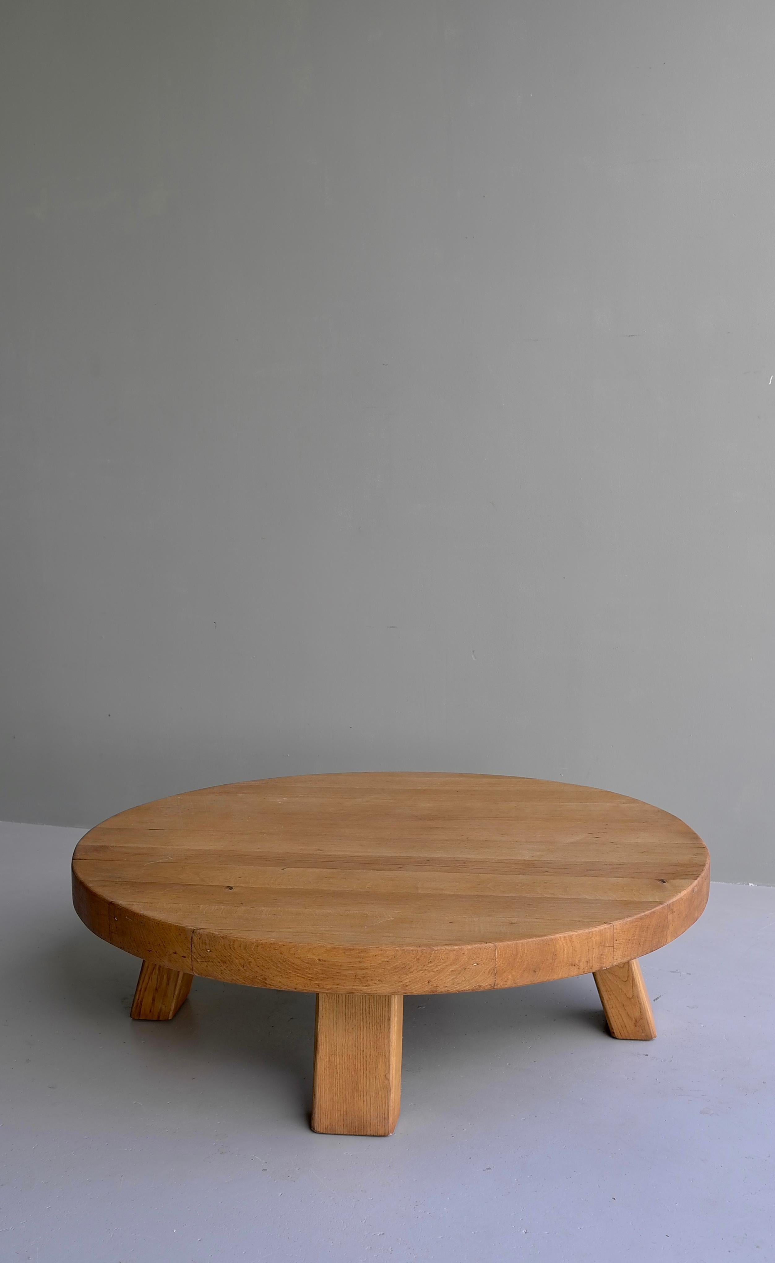 Extra Large Solid Oak Round Coffee Table, France, 1960s 3