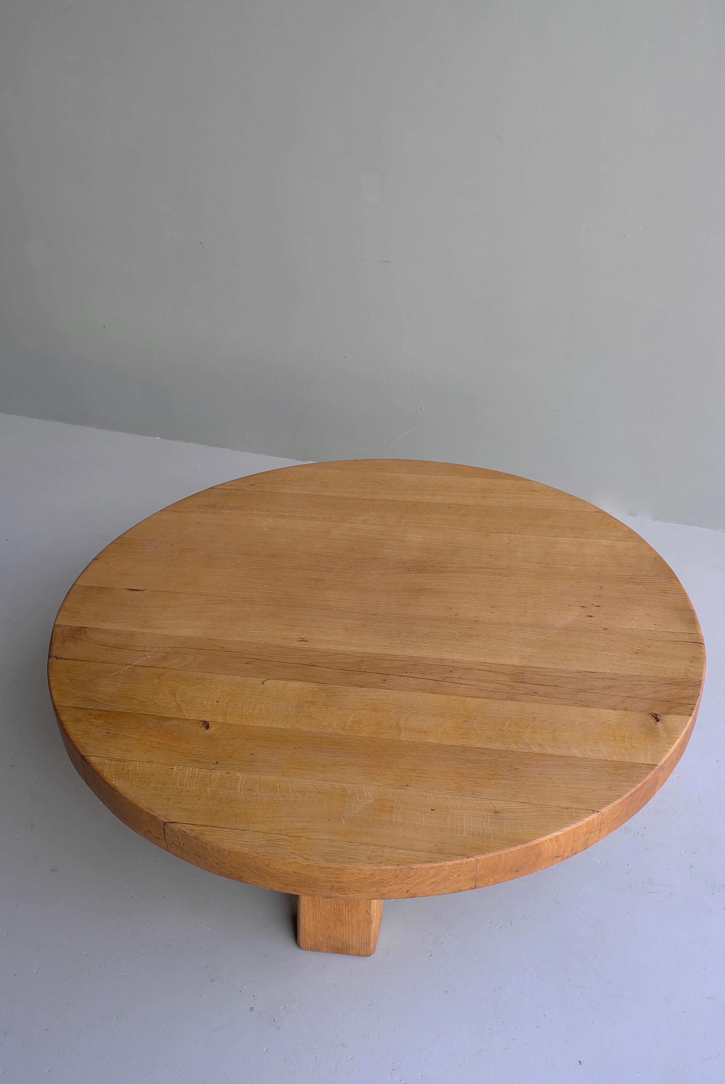 Extra Large Solid Oak Round Coffee Table, France, 1960s 4