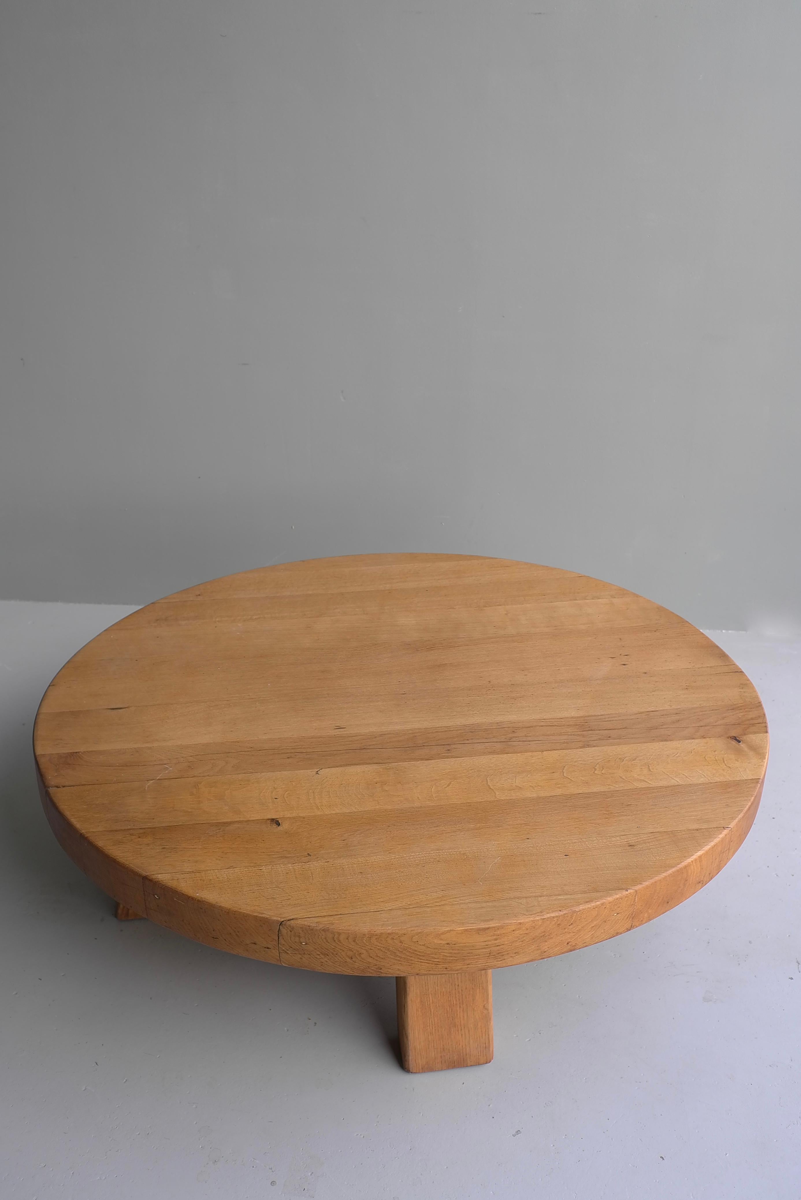 Mid-Century Modern Extra Large Solid Oak Round Coffee Table, France, 1960s