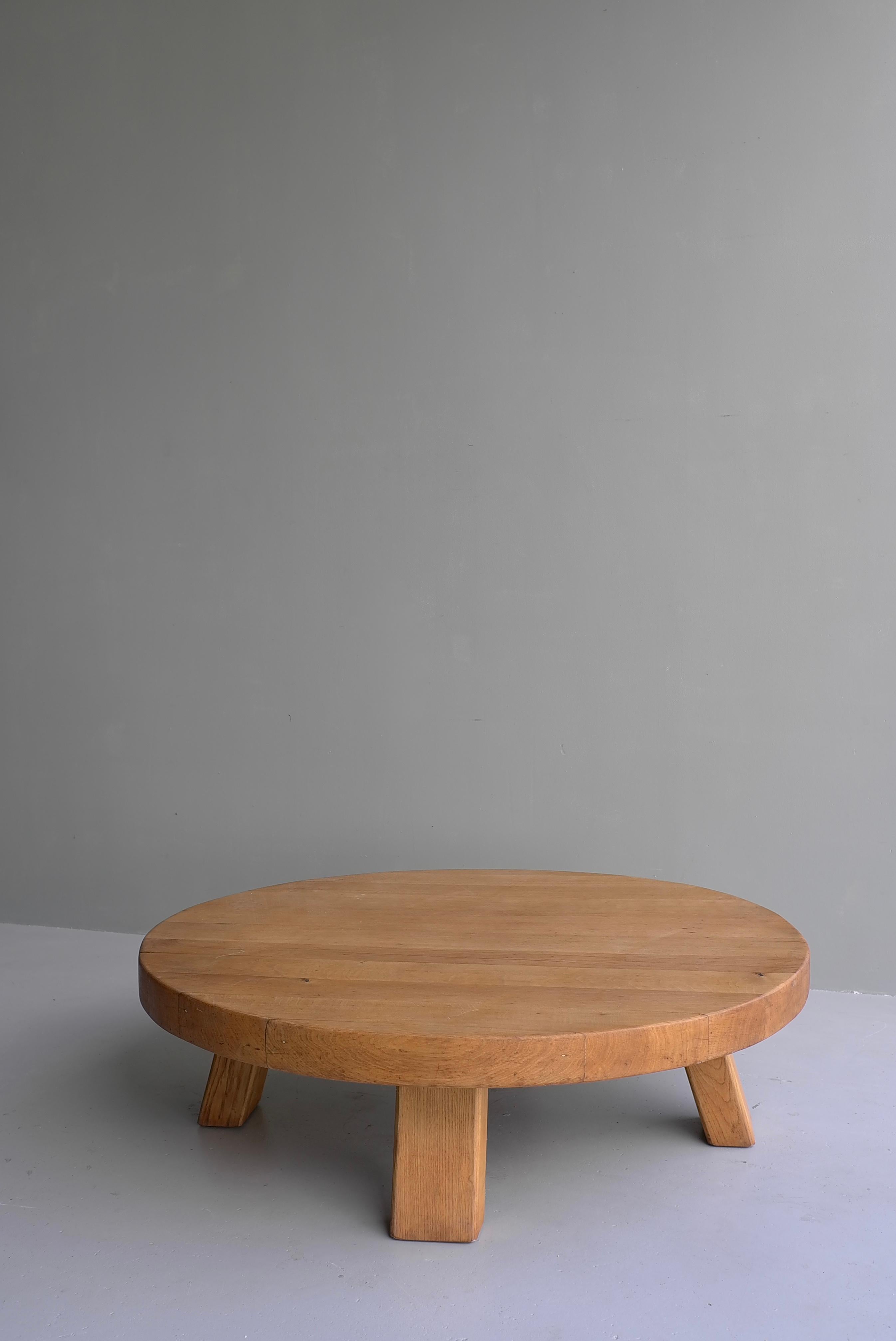 French Extra Large Solid Oak Round Coffee Table, France, 1960s