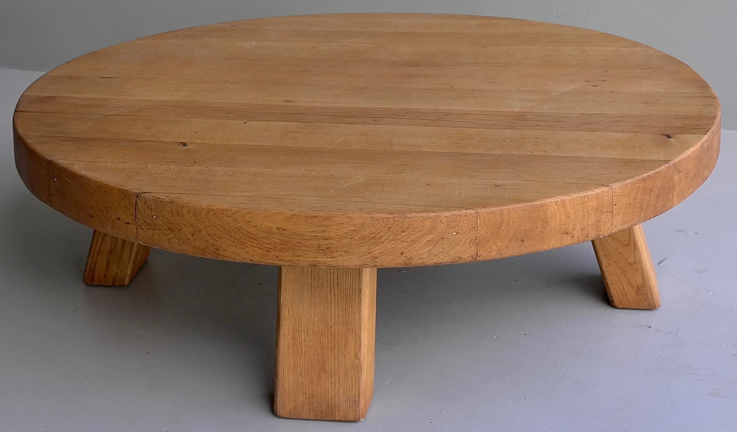 Extra Large Solid Oak Round Coffee Table, France, 1960s 1
