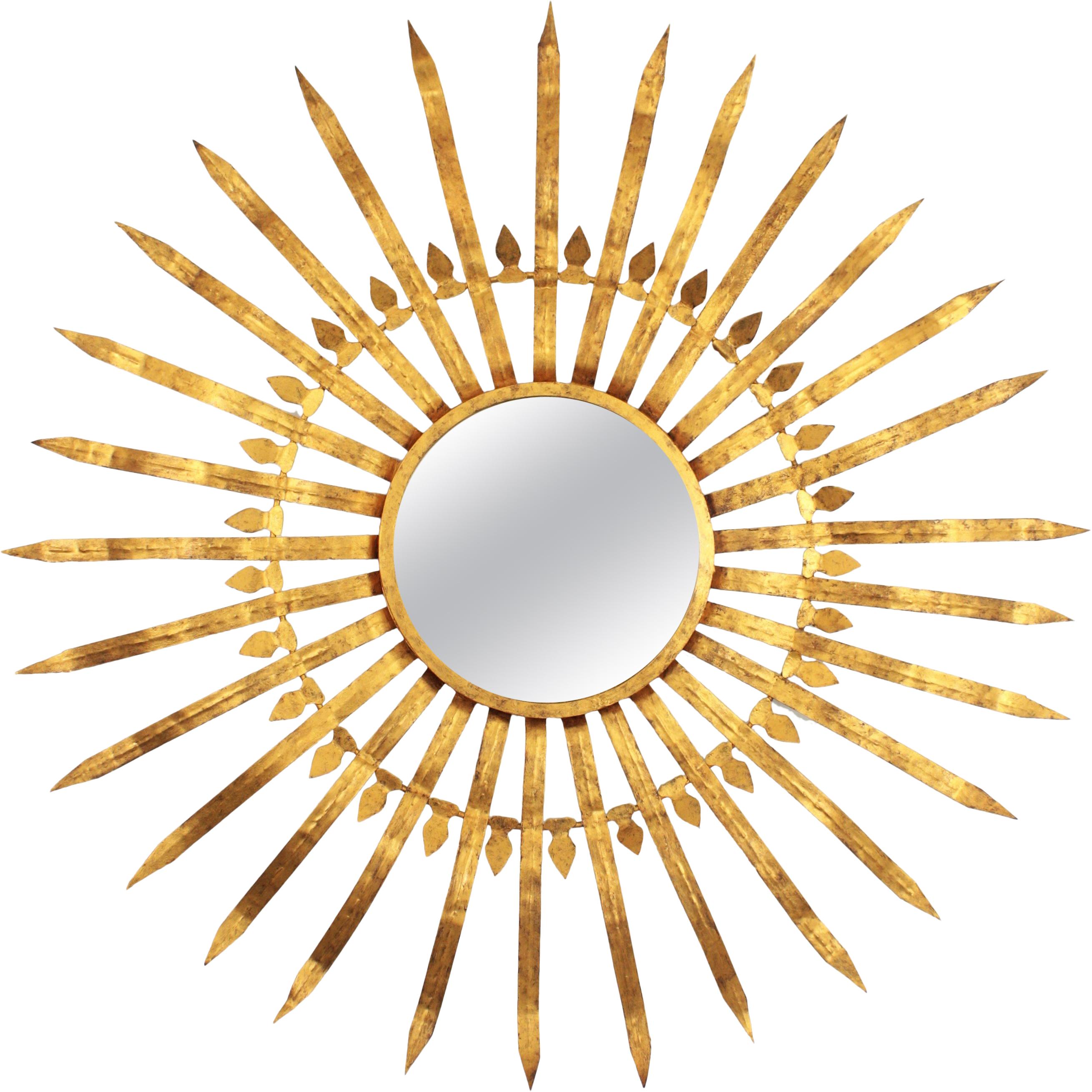 Extra Large Spanish 1950s Hollywood Regency Gilt Iron Convex Sunburst Mirror