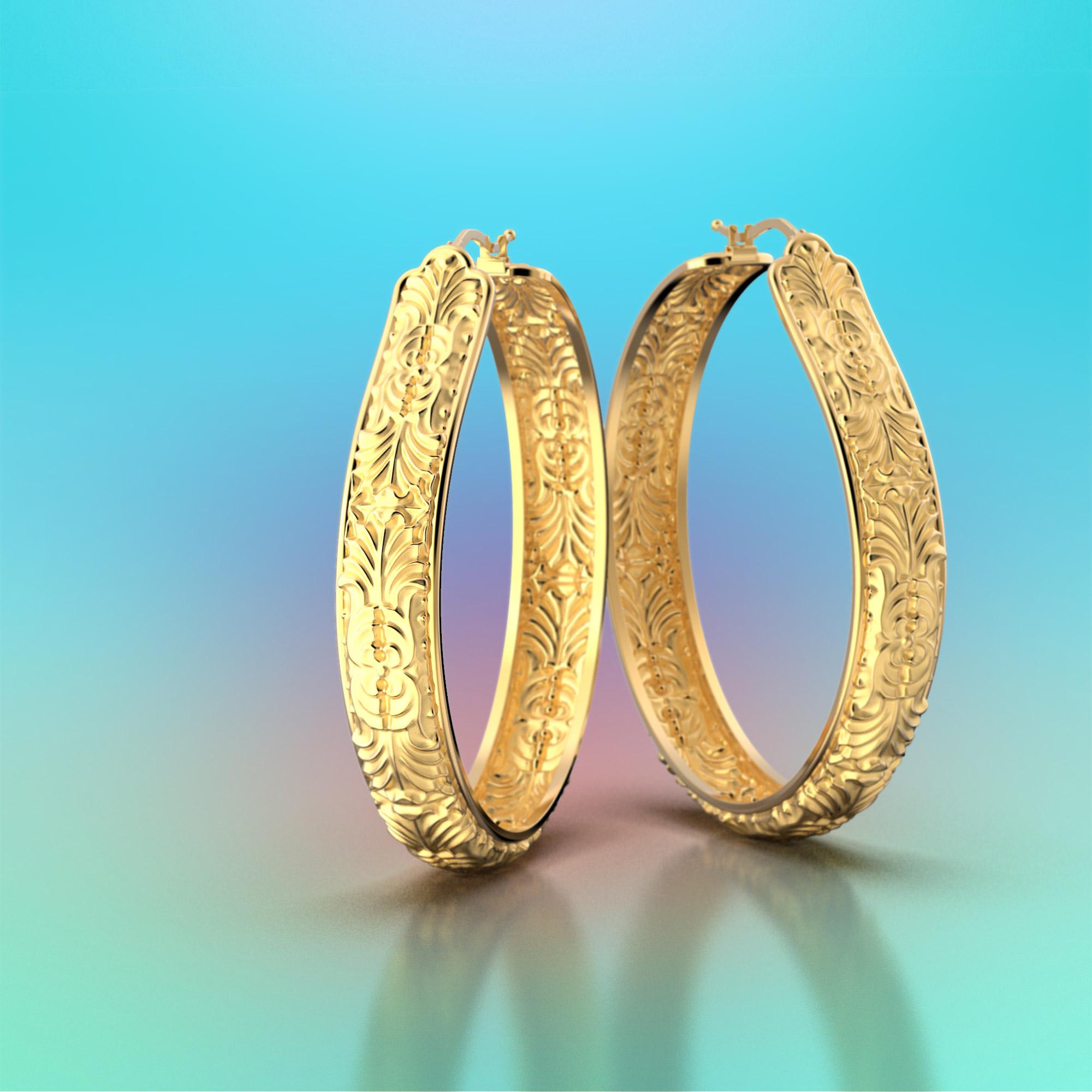 Made to Order Stunning 14k Gold Hoop Earrings.
Size : 51 mm diameter x 9 mm large
Introducing a true embodiment of opulence and elegance – the Made in Italy Acanthus Leaf Hoop Earrings, available exclusively in exquisite 18k and 14k solid gold.
