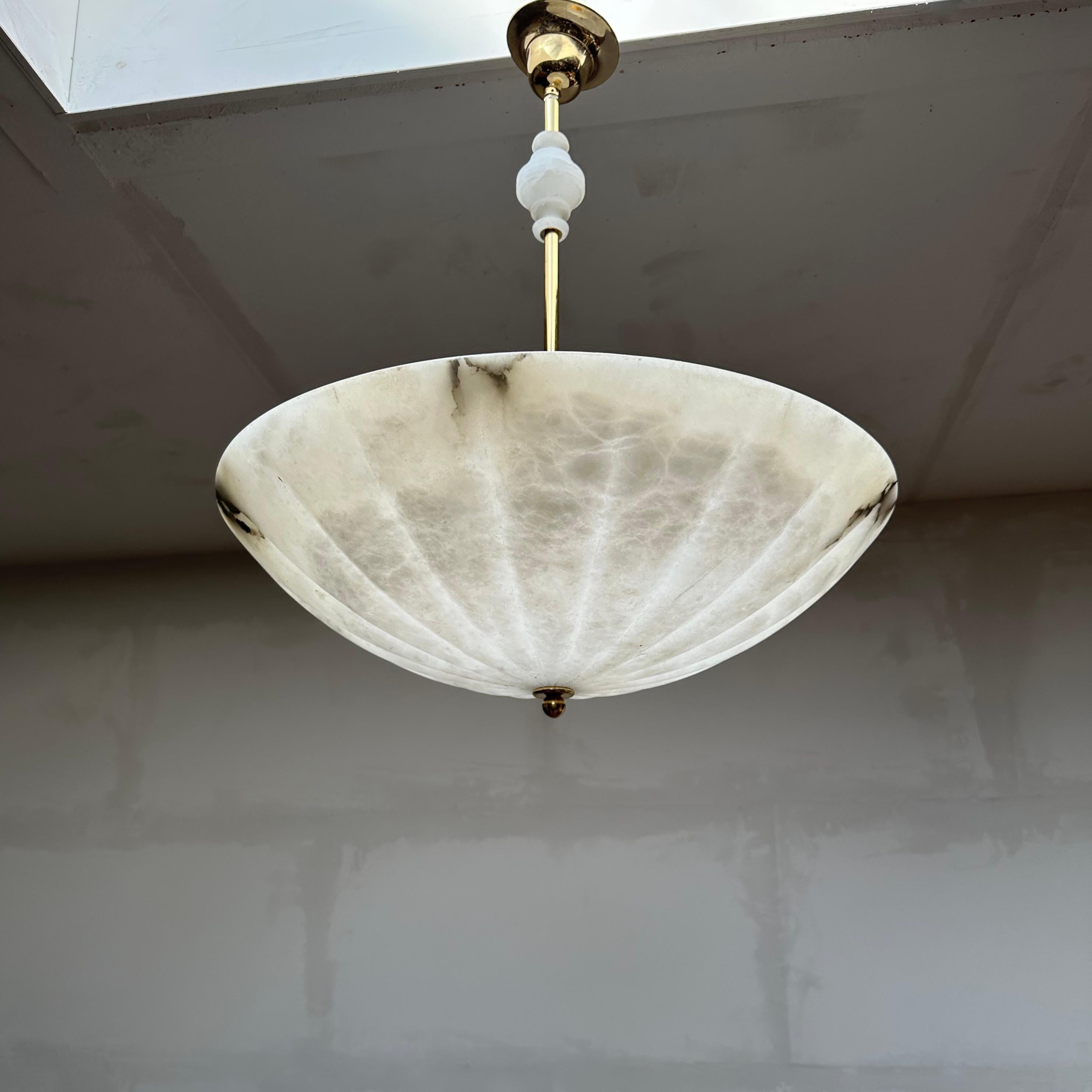 20th Century Extra Large, Super Cool Umbrella Design Three Light Alabaster Chandelier Pendant For Sale