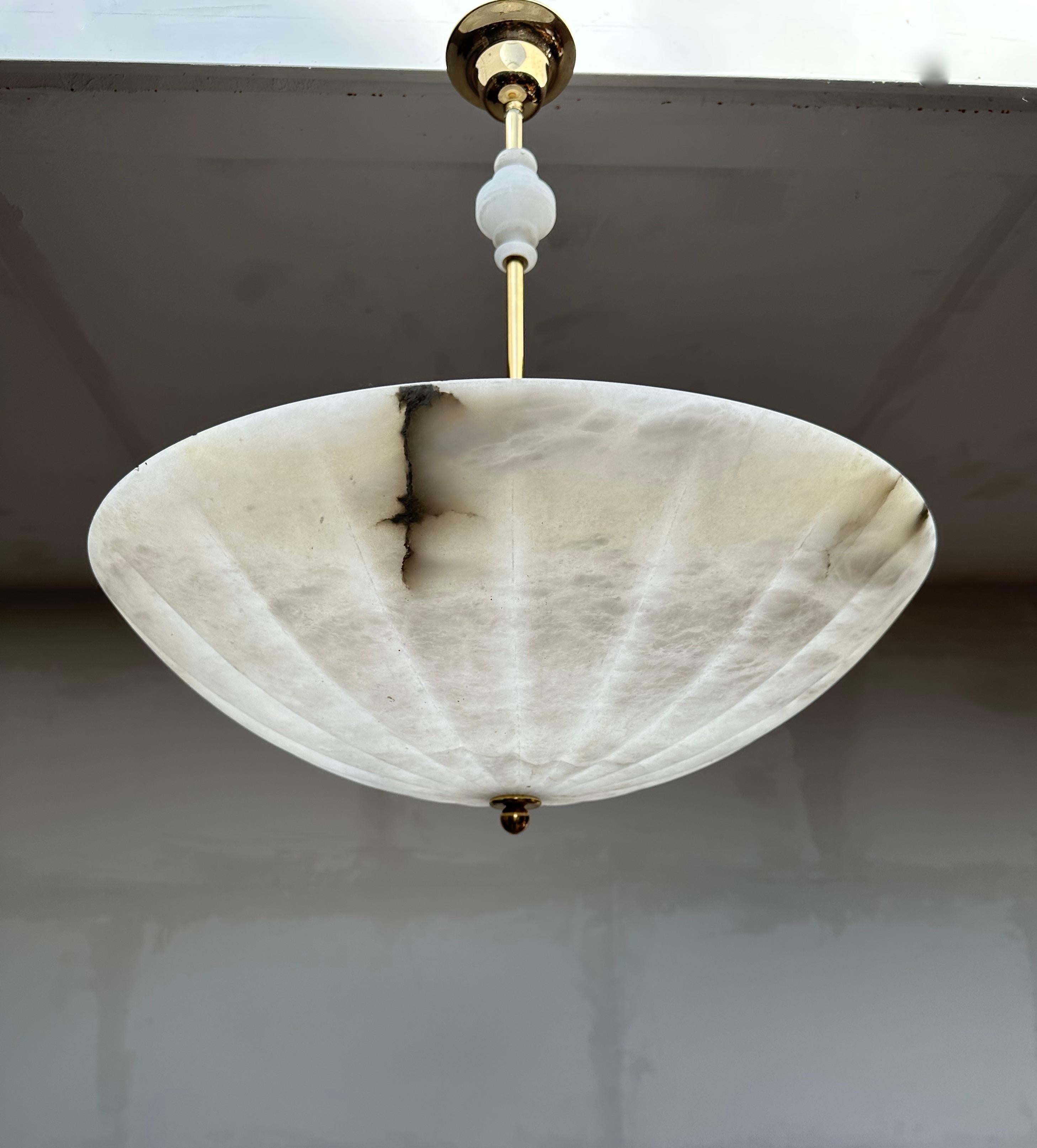 Brass Extra Large, Super Cool Umbrella Design Three Light Alabaster Chandelier Pendant For Sale