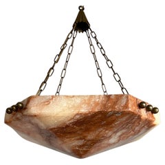 Used Extra Large & Super Design Art Deco Alabaster & Brass Pendant Light, Chandelier