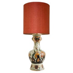 Vintage Extra Large Table Lamp Polychrome Delft 1930 Flowers Hand Painted, Silk Shade