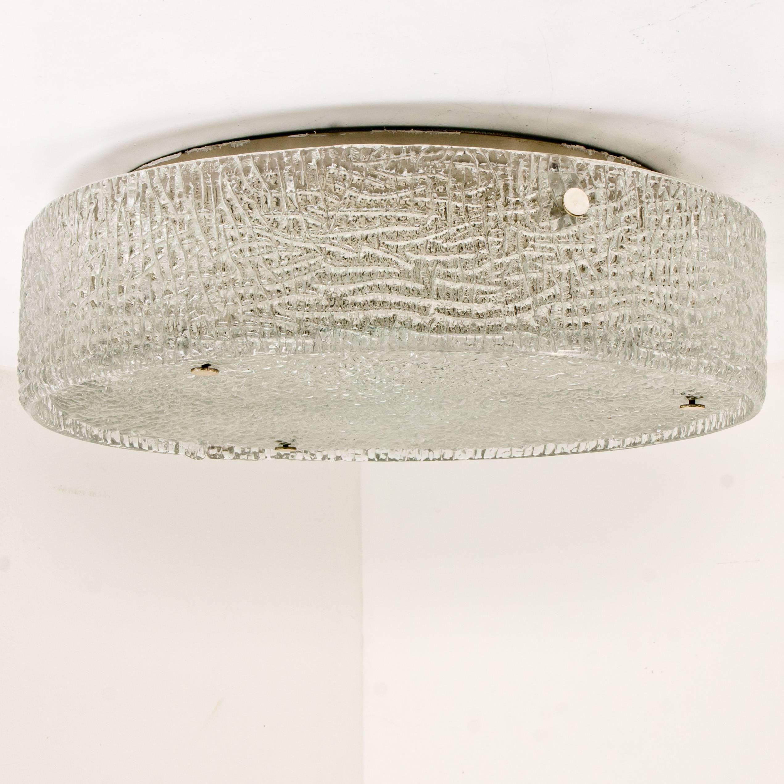 Metal Extra Large Textured Glass Flush Mount Ceiling Light by Kaiser, 1960s