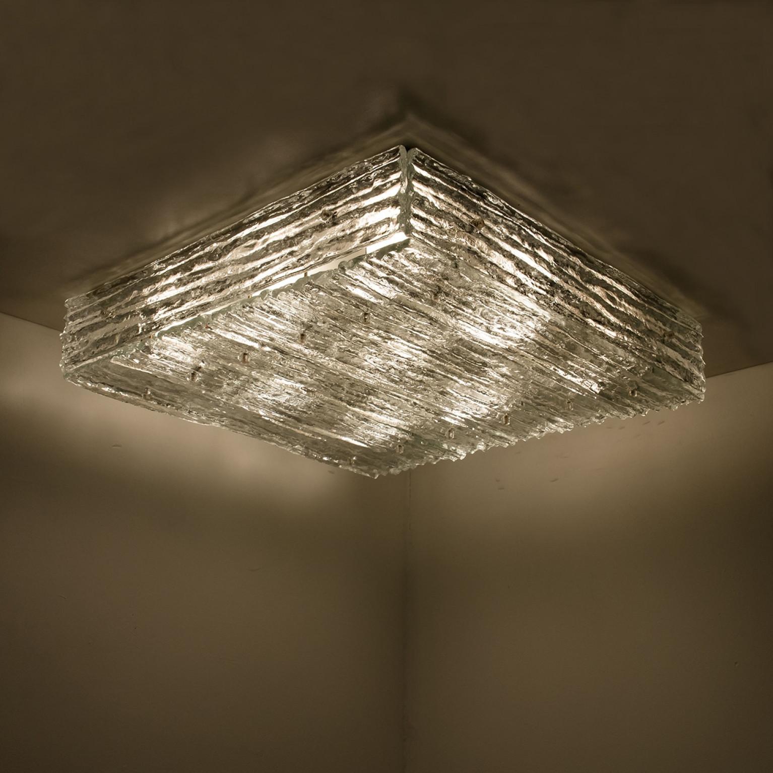 Mid-Century Modern Extra Large Textured Glass Square Flush Mount by Kalmar, Austria 1960 For Sale
