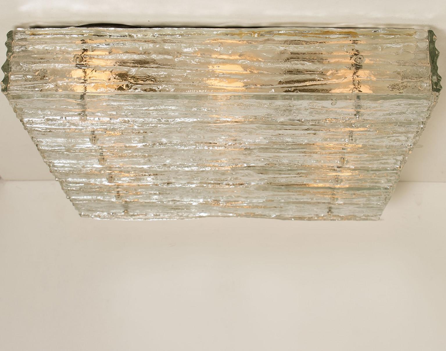 Austrian Extra Large Textured Glass Square Flush Mount by Kalmar, Austria 1960 For Sale