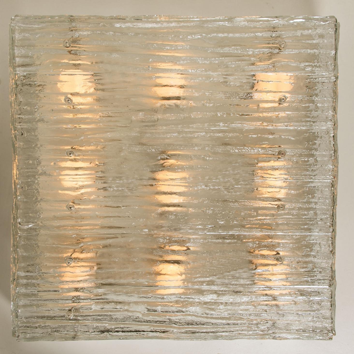Extra Large Textured Glass Square Flush Mount by Kalmar, Austria 1960 In Good Condition For Sale In Rijssen, NL