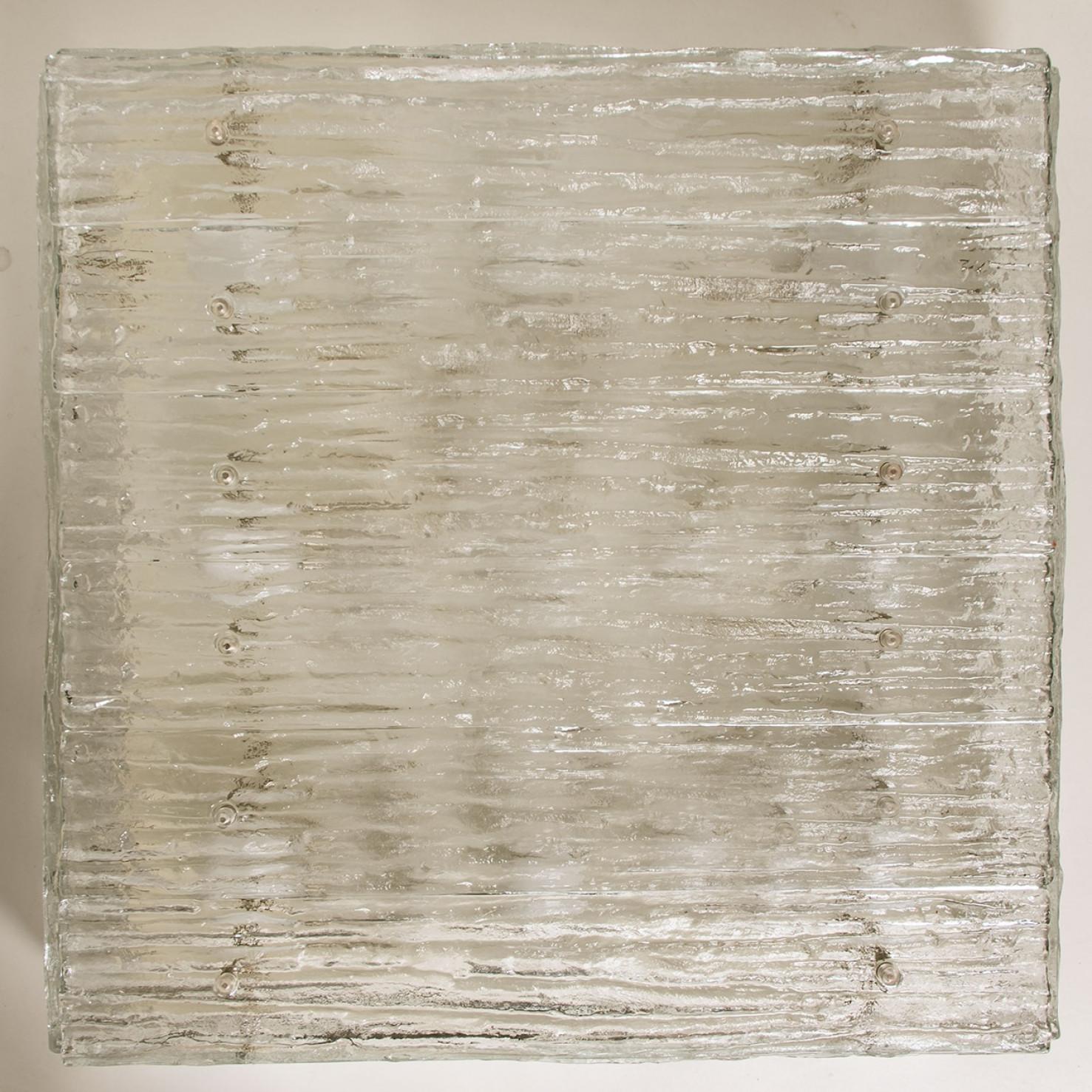 Metal Extra Large Textured Glass Square Flush Mount by Kalmar, Austria 1960 For Sale
