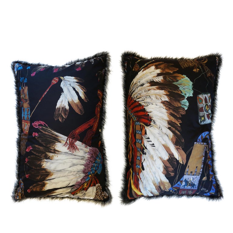 Extra Large Throw Pillows with Native American Headdress Print For Sale