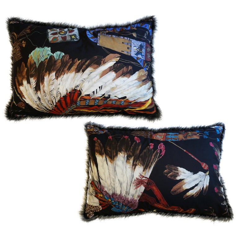 Extra Large Throw Pillows with Native American Headdress Print For Sale