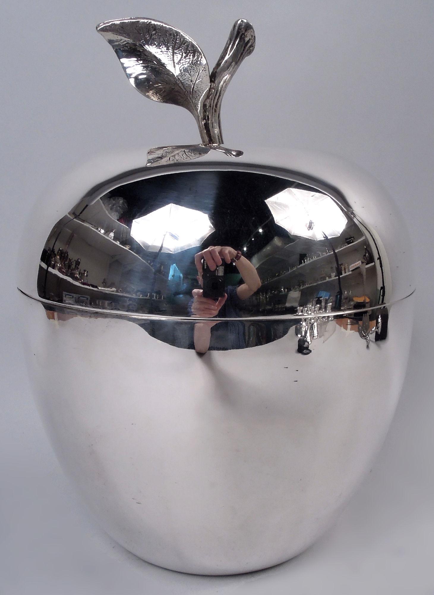 Midcentury Modern sterling silver ice bucket. Made by Tiffany & Co. in New York. A supersized apple with smooth unblemished skin. Cover has cast leafing stem. Capacious for a really boozy party. Fully marked including maker’s stamp and postwar