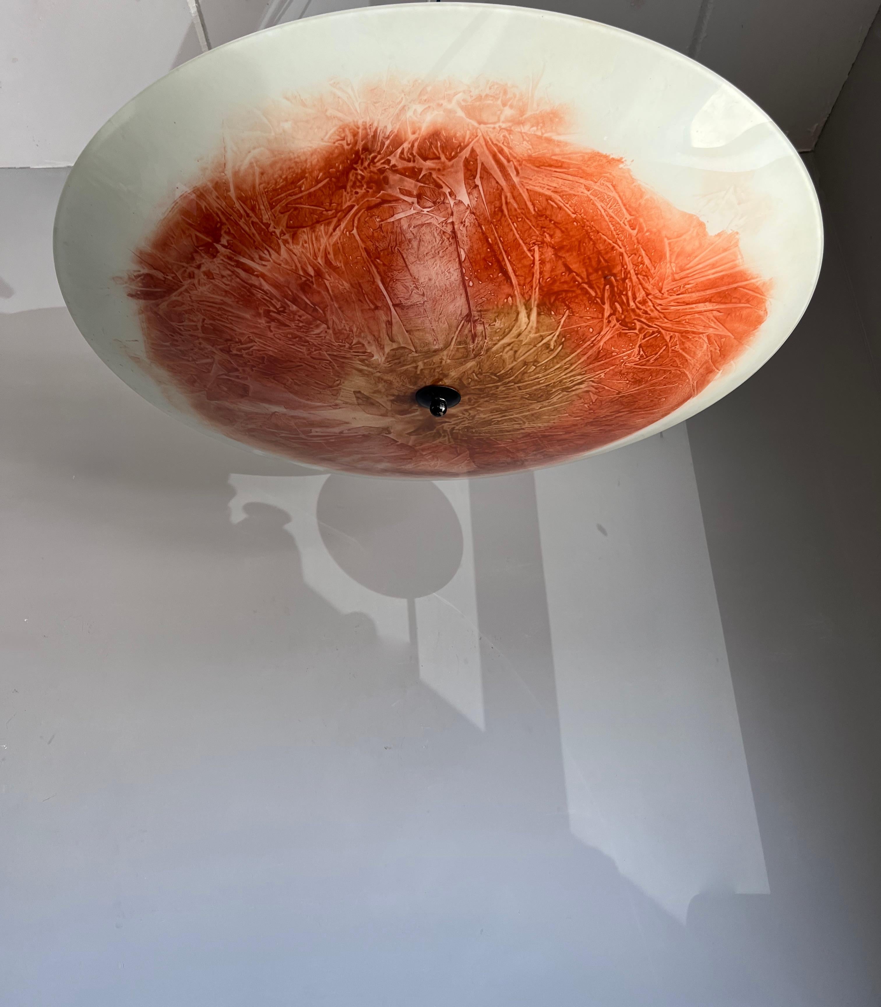 Extra Large & Top Quality Midcentury Red, Orange and White Glass Art Flush Mount In Excellent Condition For Sale In Lisse, NL