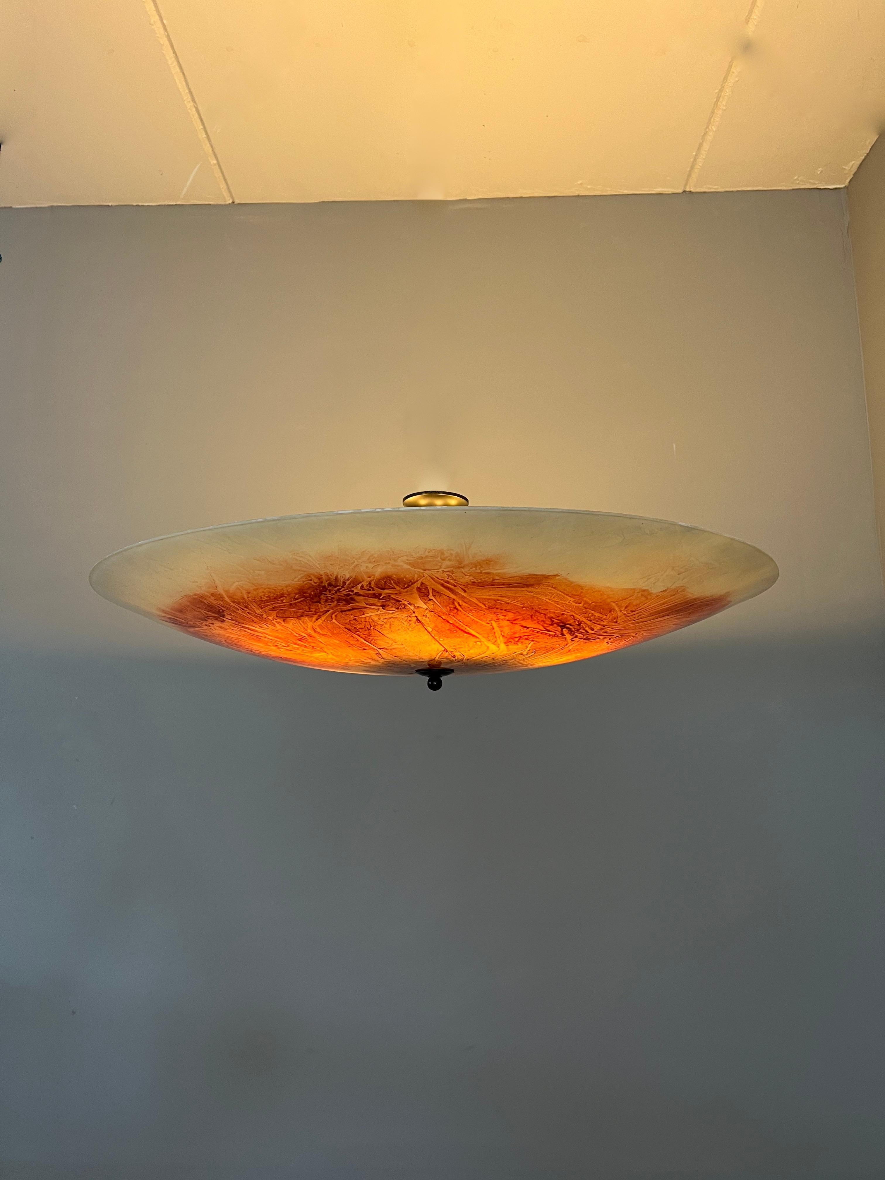Extra Large & Top Quality Midcentury Red, Orange and White Glass Art Flush Mount For Sale 1