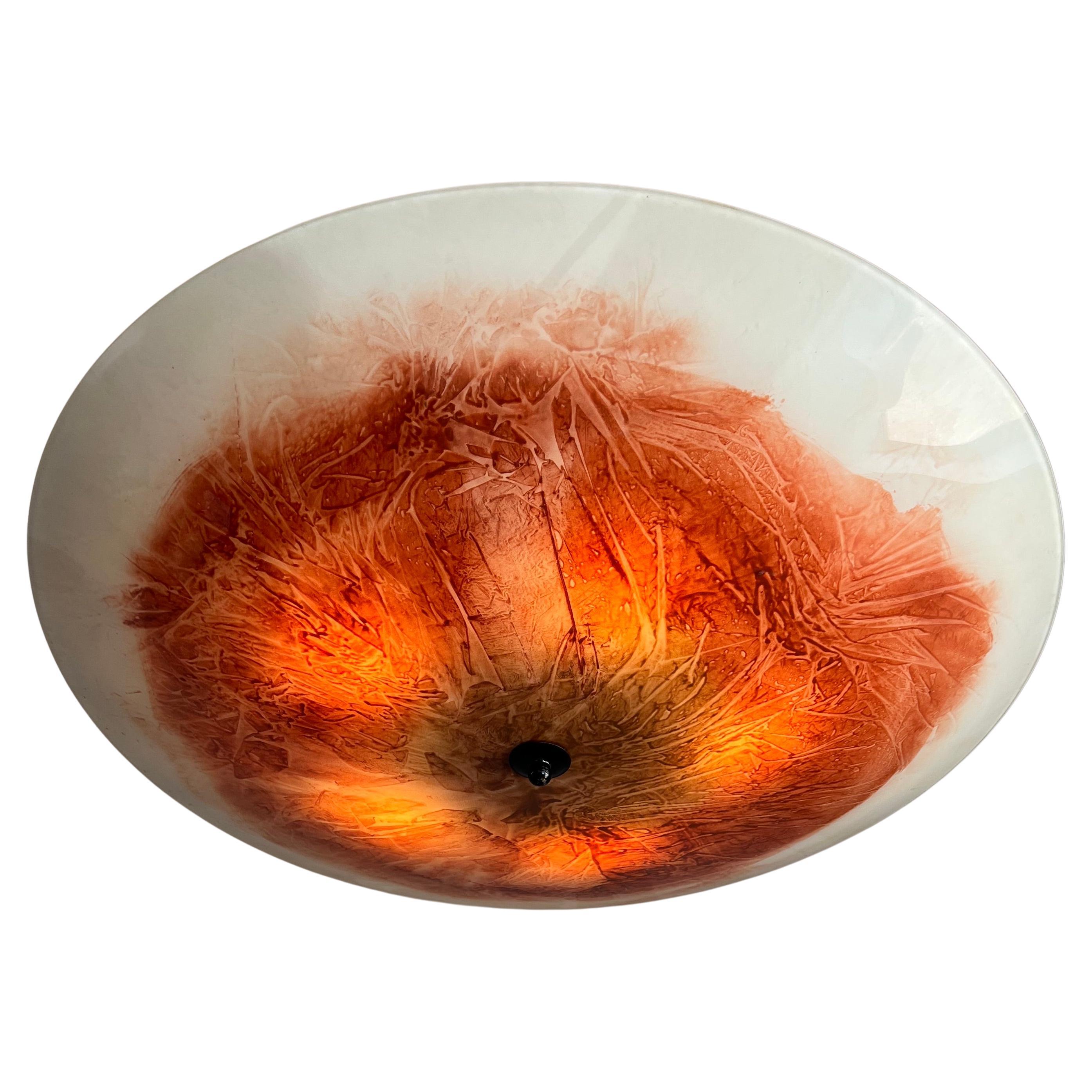 Extra Large & Top Quality Midcentury Red, Orange and White Glass Art Flush Mount For Sale