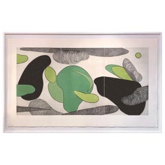 Triptyque vert, noir, gris, en forme de X par Marielle Guegan, France