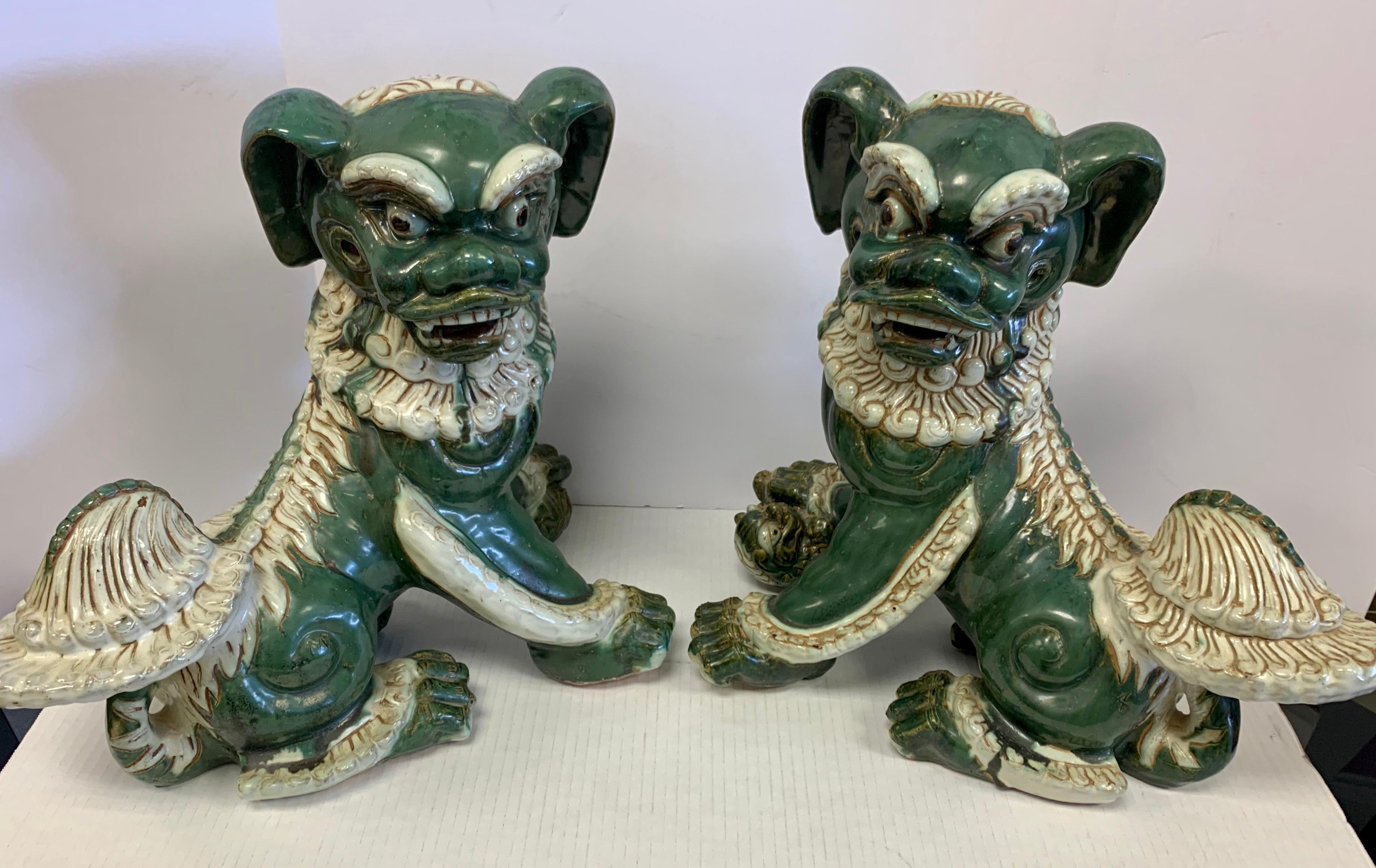 Extra-Large Pair of Chinese Glazed Porcelain Foo Dogs Sculptures 12