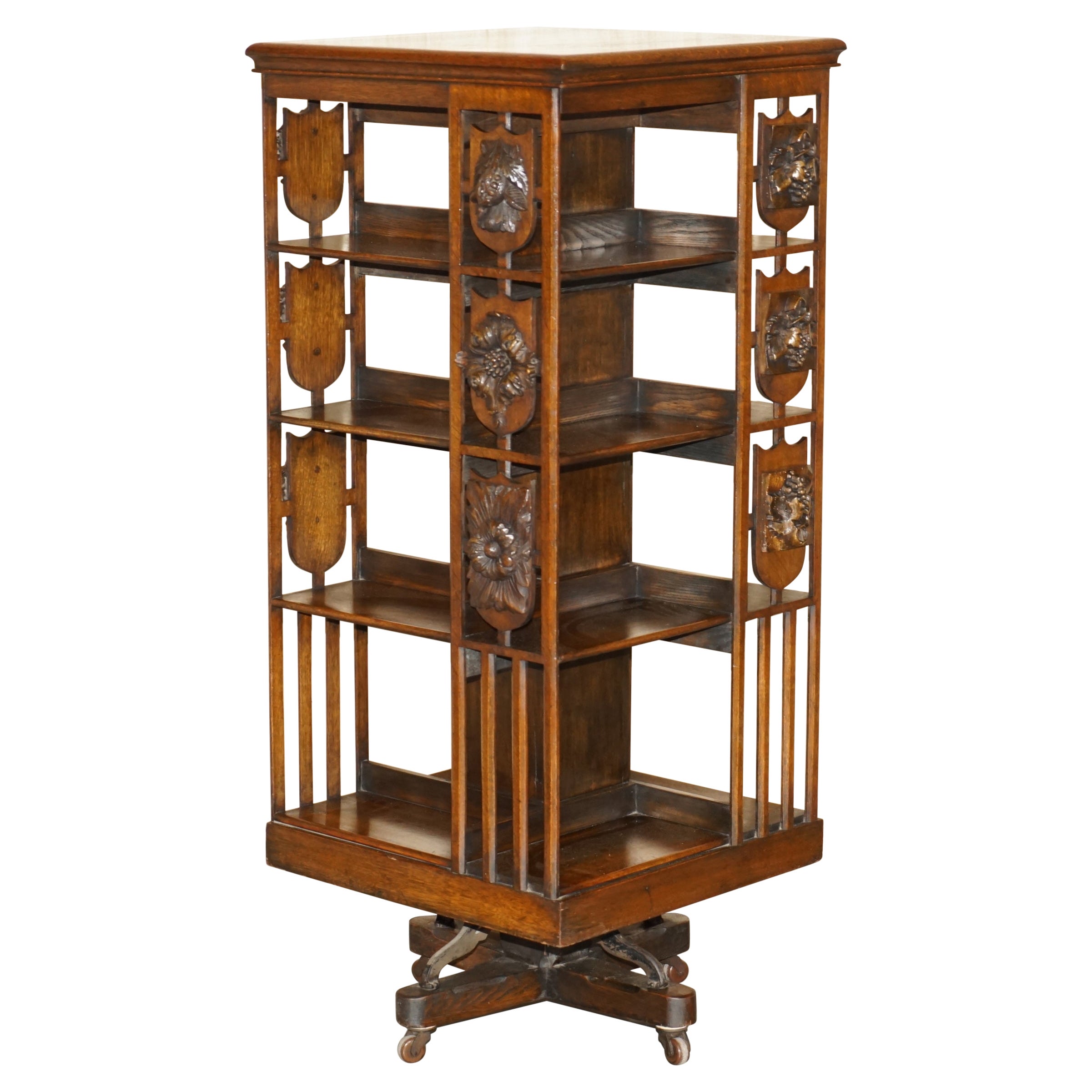 EXTRA LARGE UNIQUE ANTiQUE VICTORIAN ART NOUVEAU HAND CARVED REVOLVING BOOKCASE