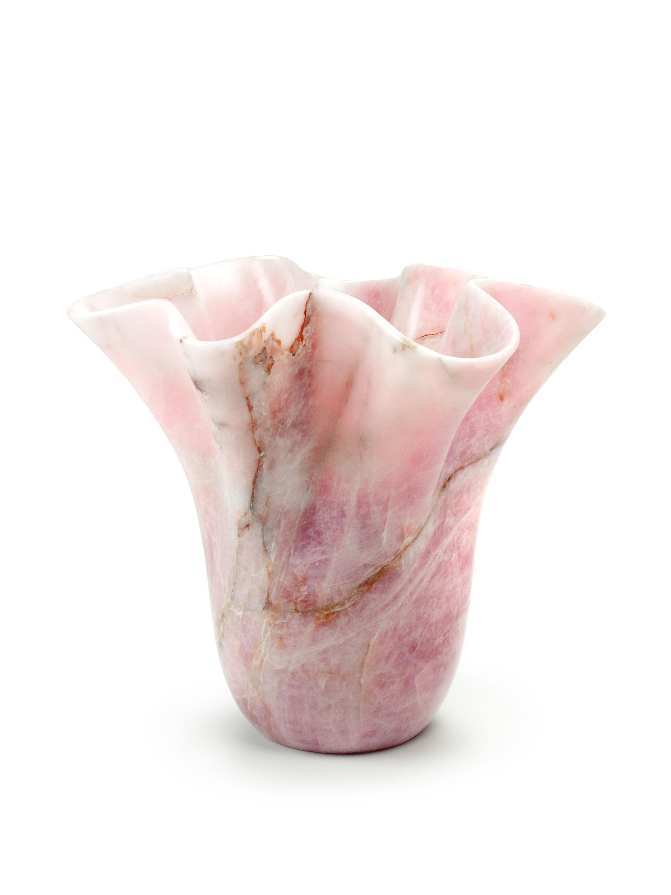 Italian Vase Vessel Sculpture Pink Rose Quartz Marble Collectible Design Handmade Italy For Sale