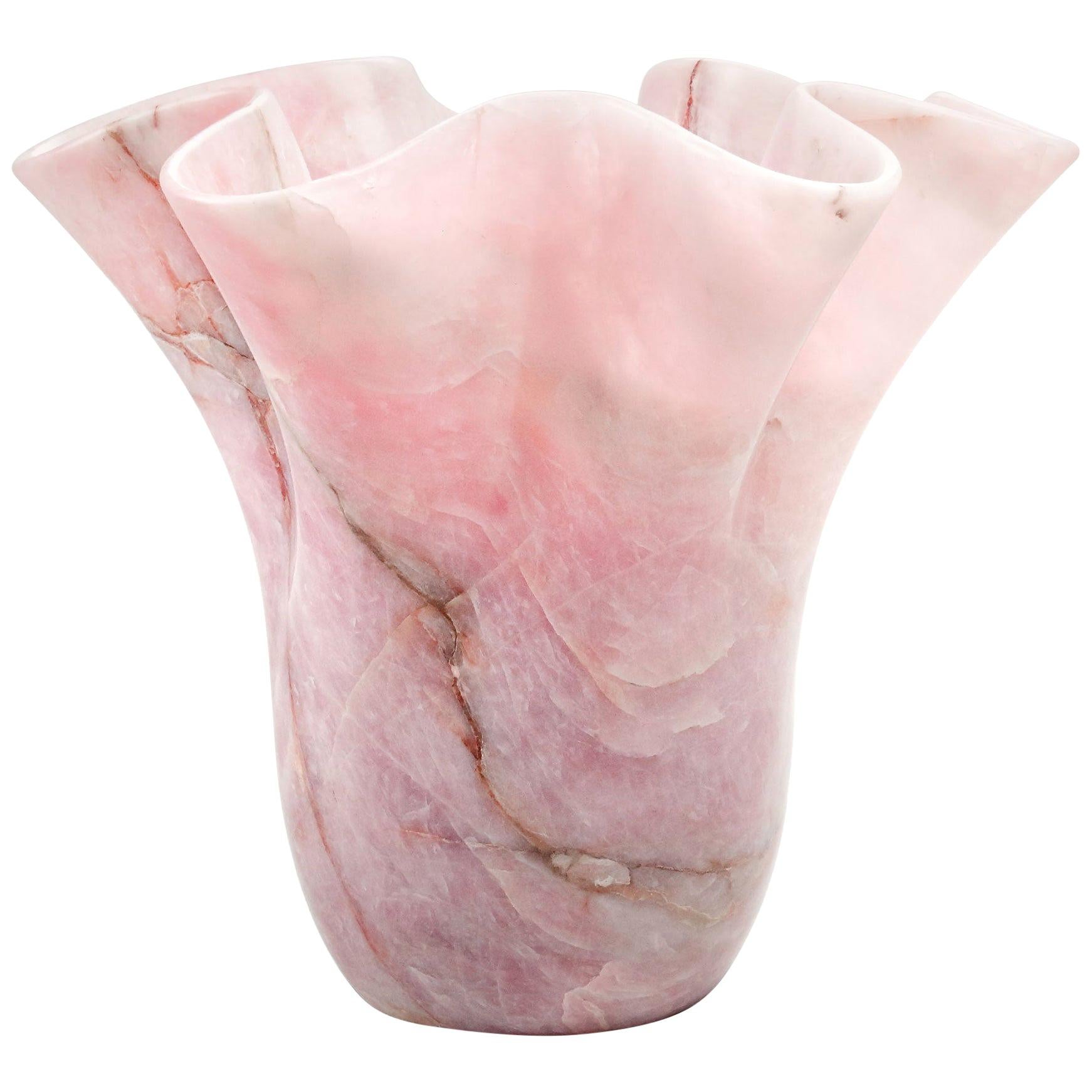 Vase Vessel Sculpture Pink Rose Quartz Marble Collectible Design Handmade Italy