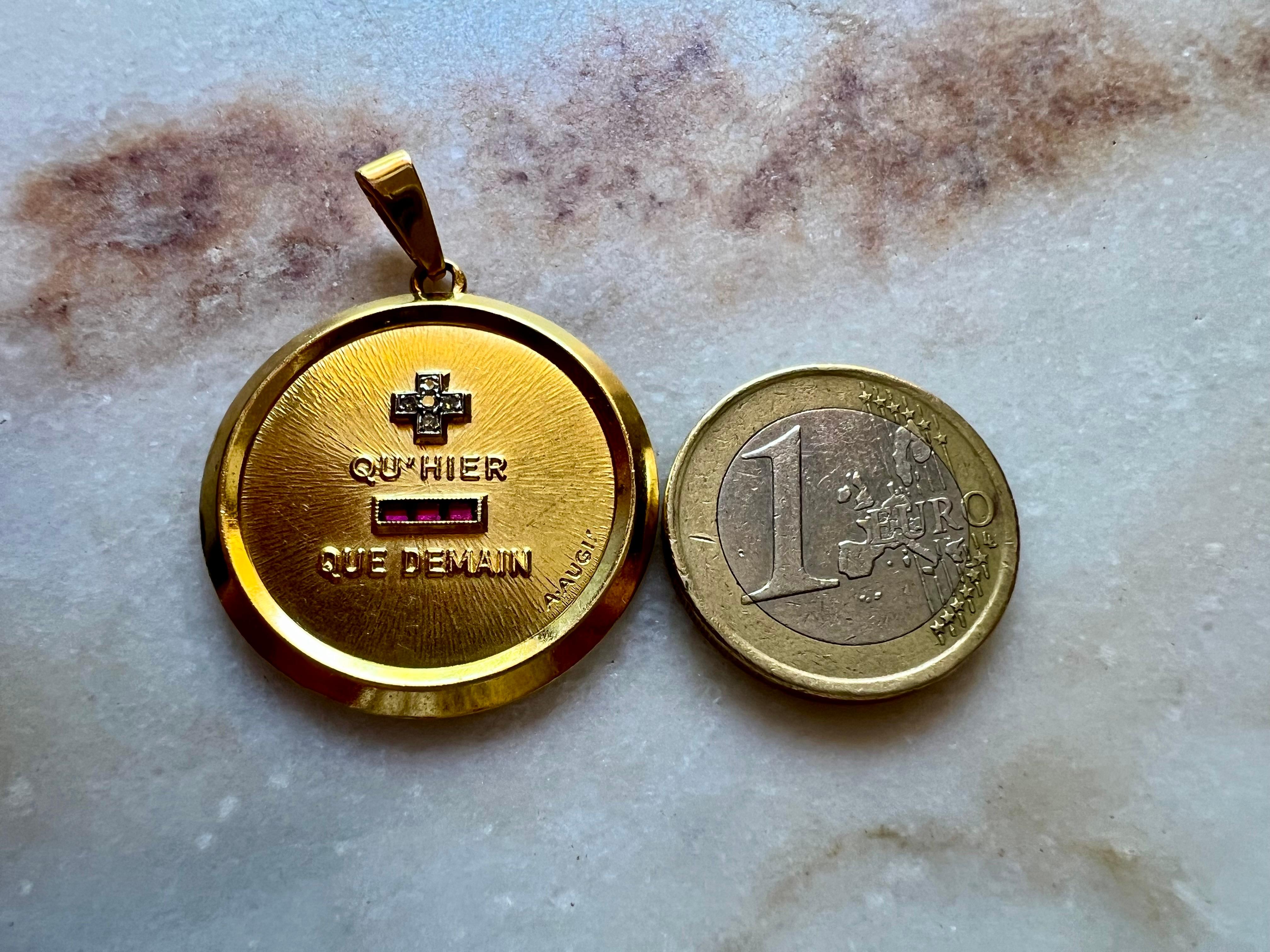 Extra große Vintage A. Augis 18k Gold Diamant & Rubin Liebe Anhänger (Rundschliff)