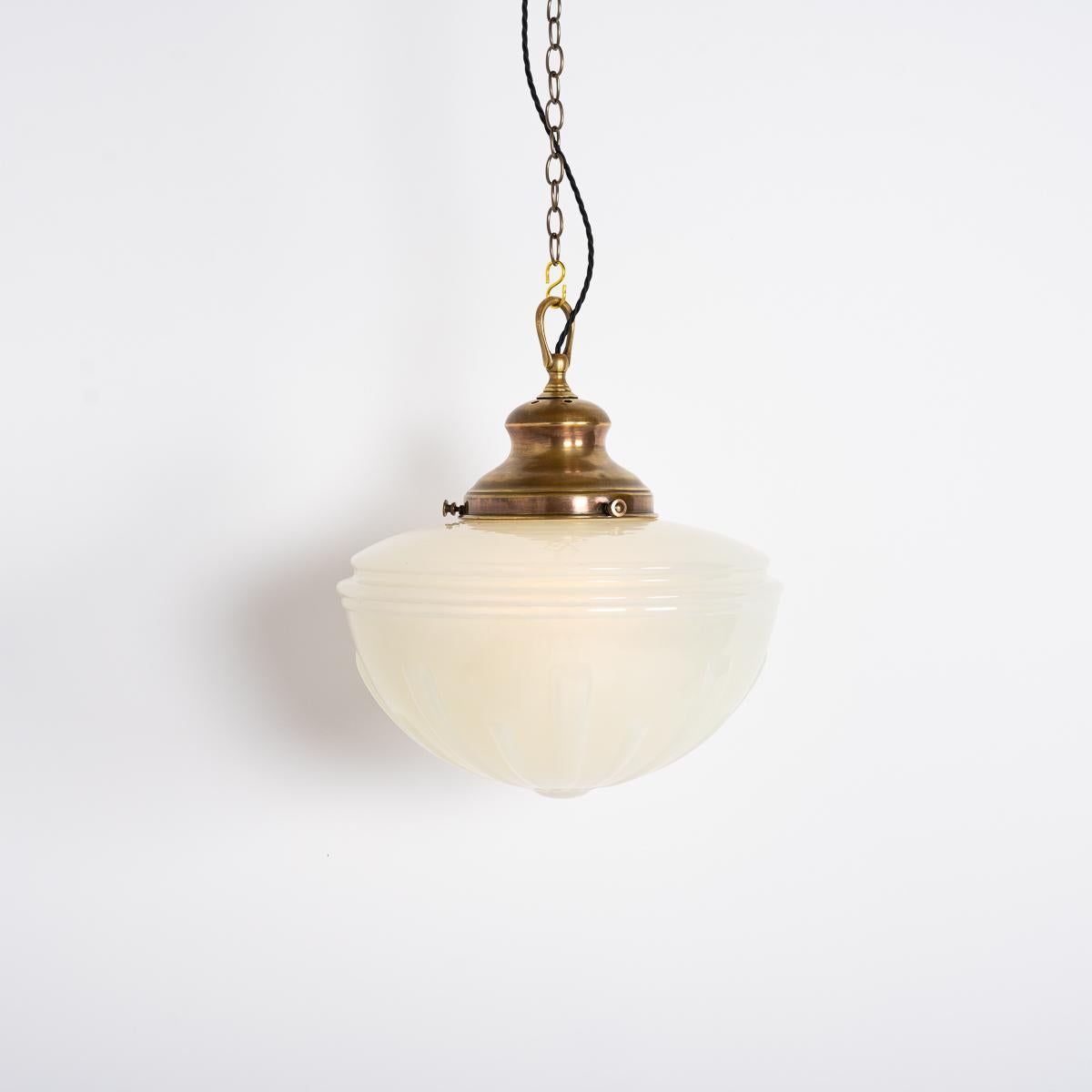 British Extra Large Vintage Decorative Moonstone Pendant Light With Brass Canopy