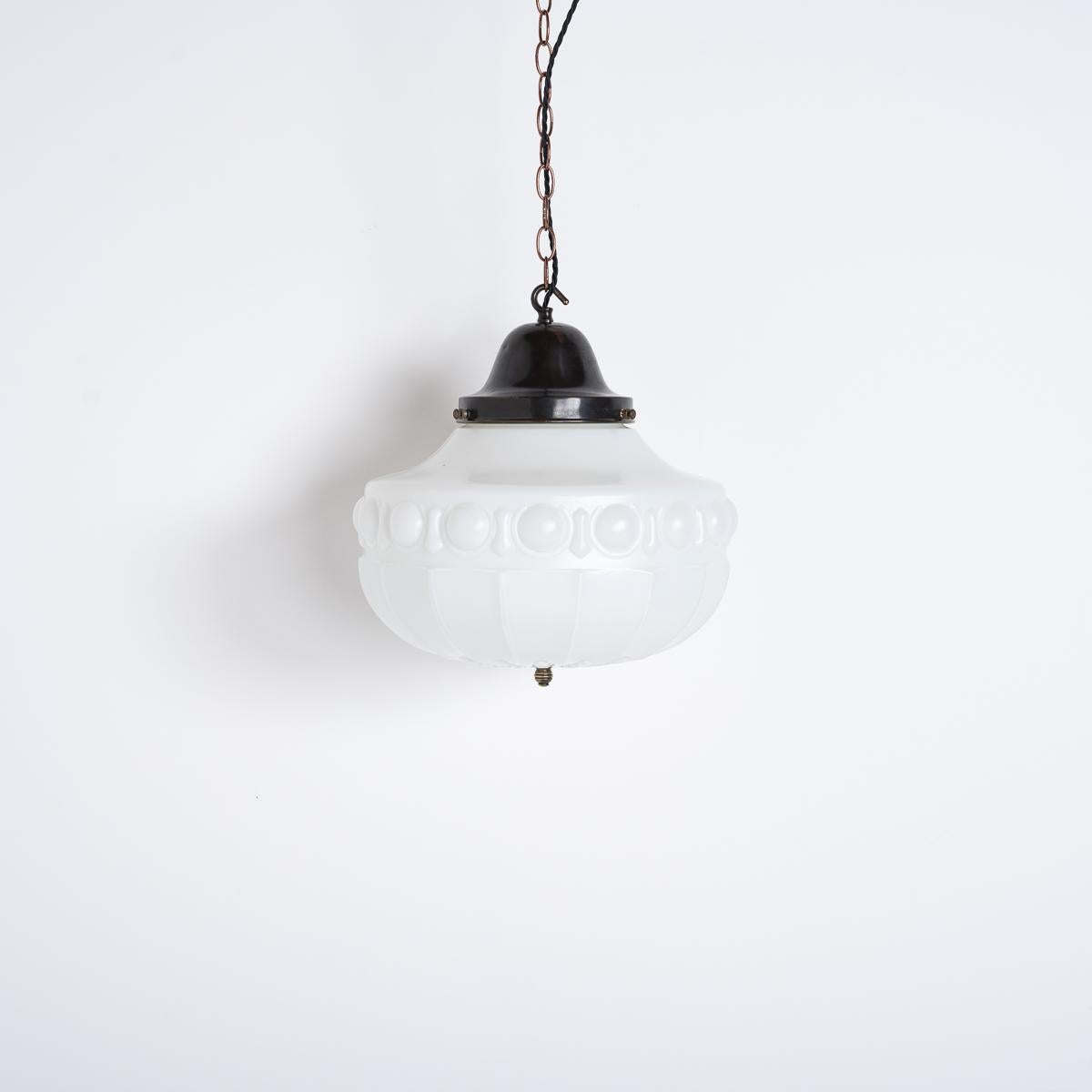 LARGE ANTIQUE DECORATIVE OPALINE PENDANT LIGHT 
The unique shape and large size of this antique opaline pendant light make it the perfect centrepiece for any room.

British made circa 1930.

The beautiful opaline moulded glass has been hand crafted