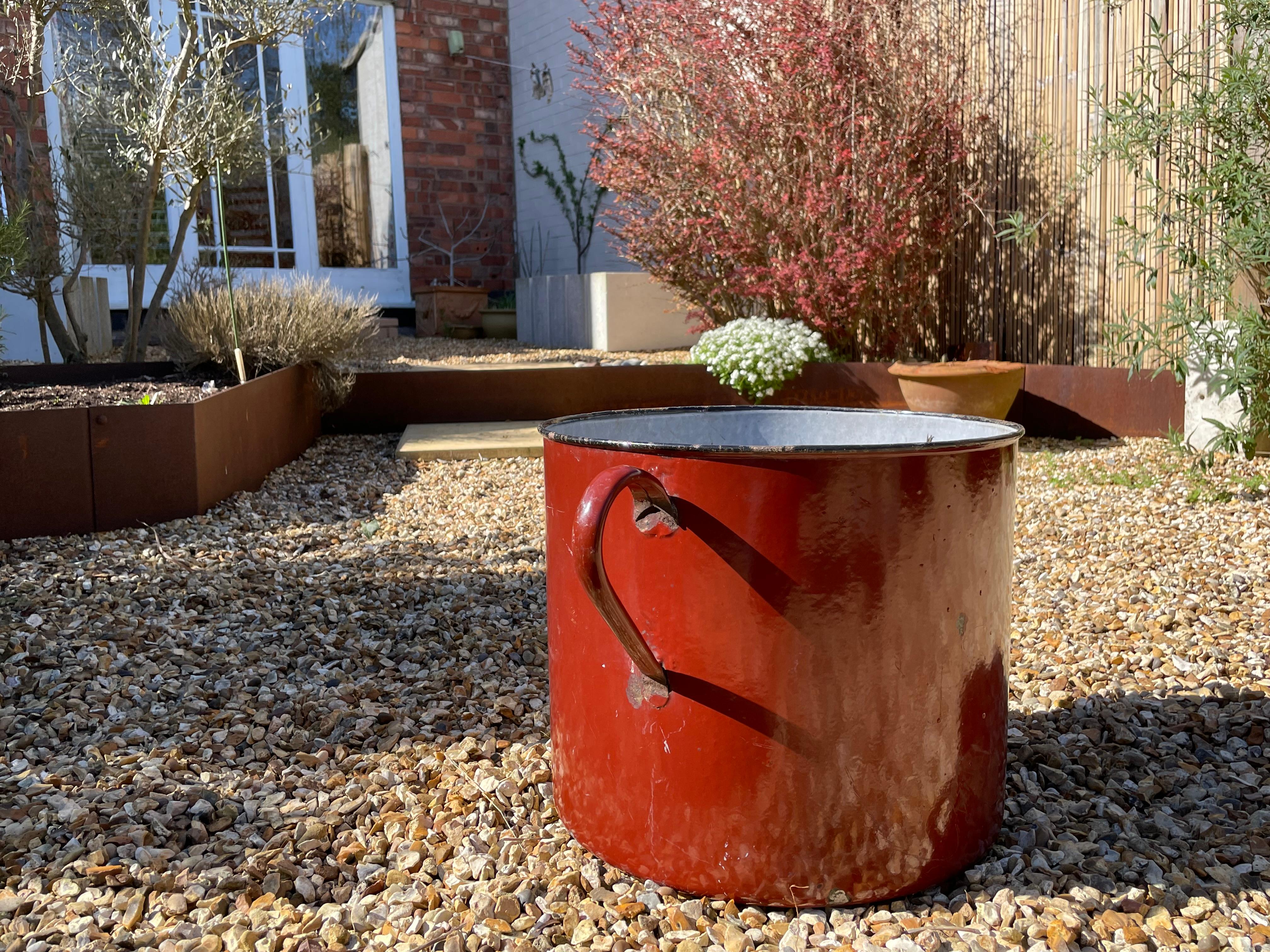Extra Large Vintage Industrial Oxide Red Enamelled Metal Planter In Fair Condition For Sale In Leicester, GB